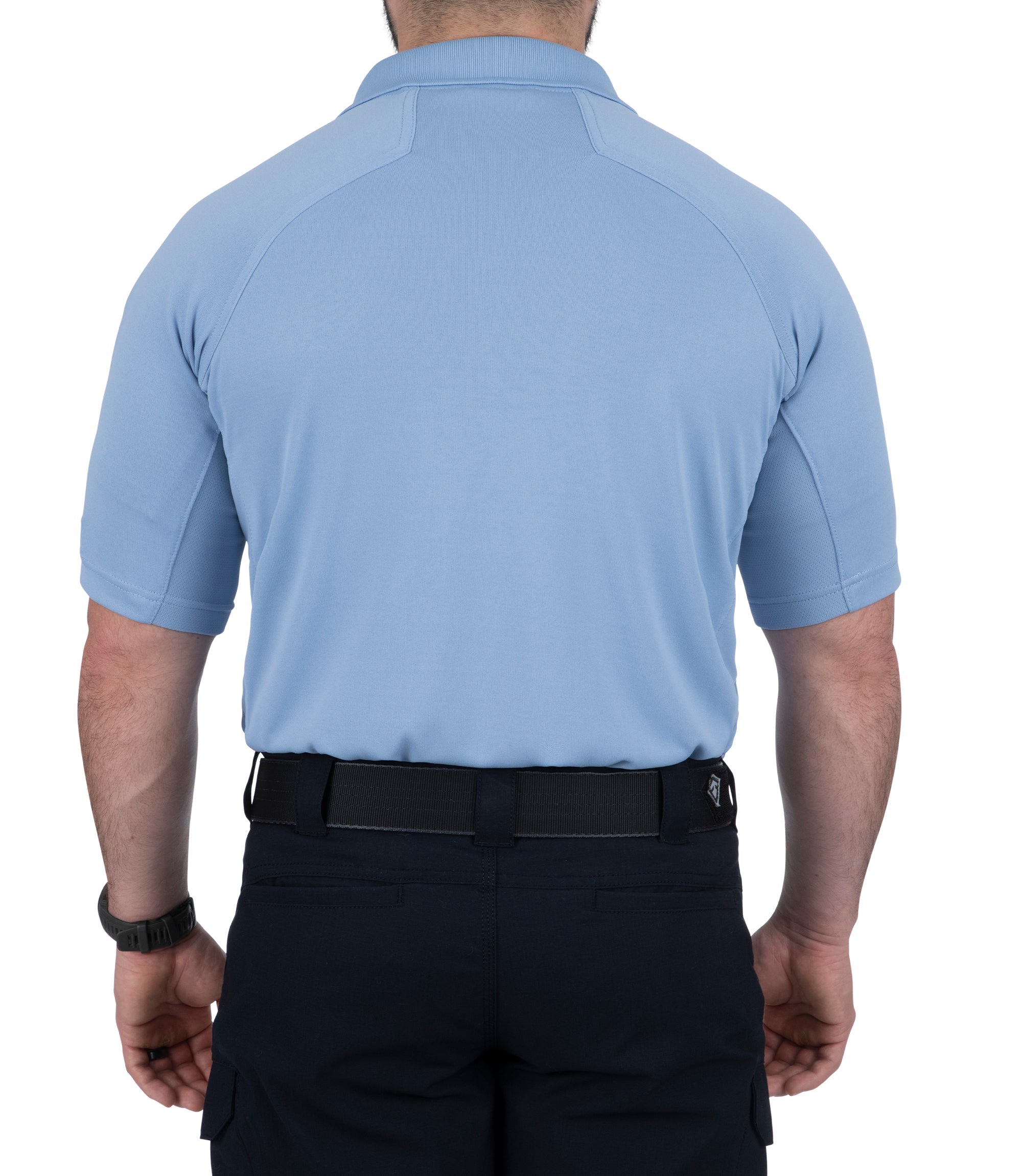 Back View of Men's Performance Short Sleeve Polo in Medium Blue |color_medium blue
