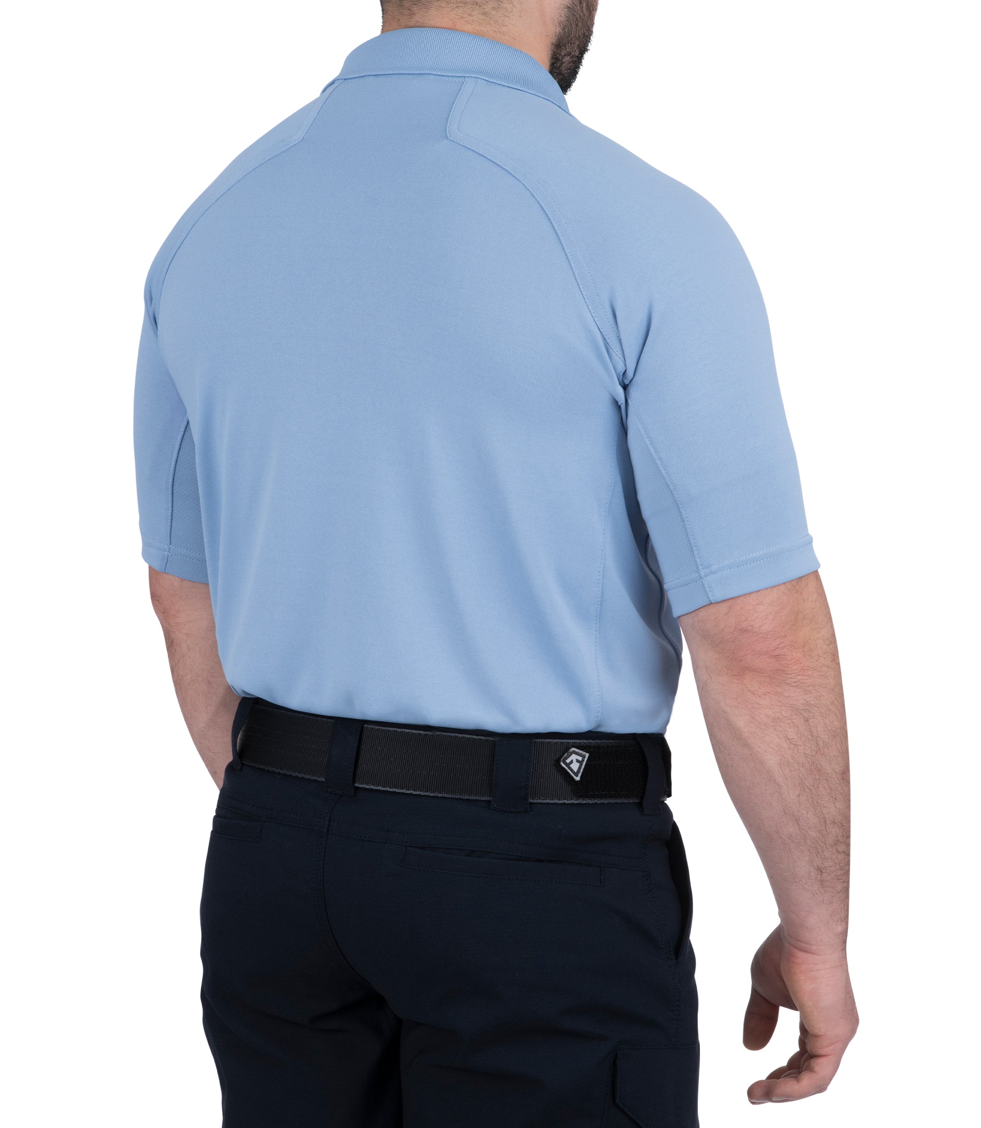 Side View of Men's Performance Short Sleeve Polo in Medium Blue |color_medium blue