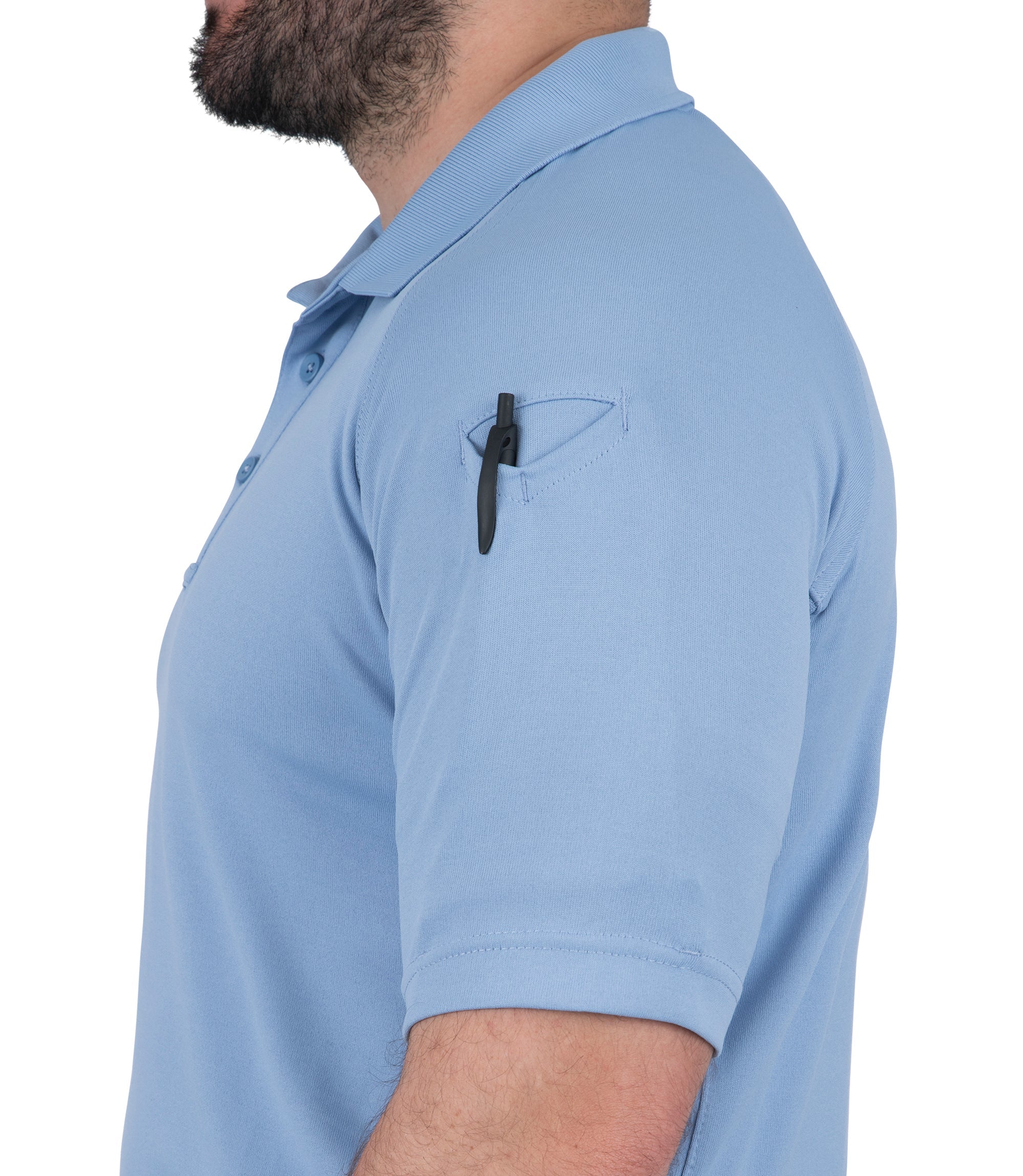Pen Pocket View of Men's Performance Short Sleeve Polo in Medium Blue |color_medium blue