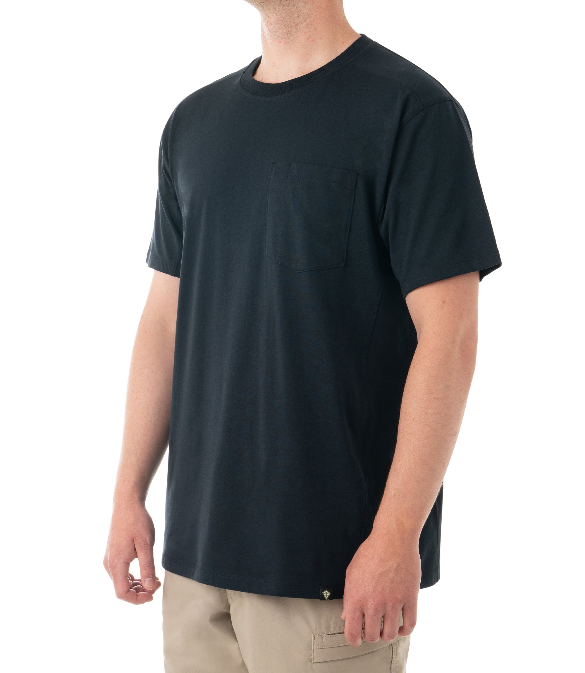 Side of Men's Tactix Cotton Short Sleeve T-Shirt with Chest Pocket in Midnight Navy |color_midnight navy