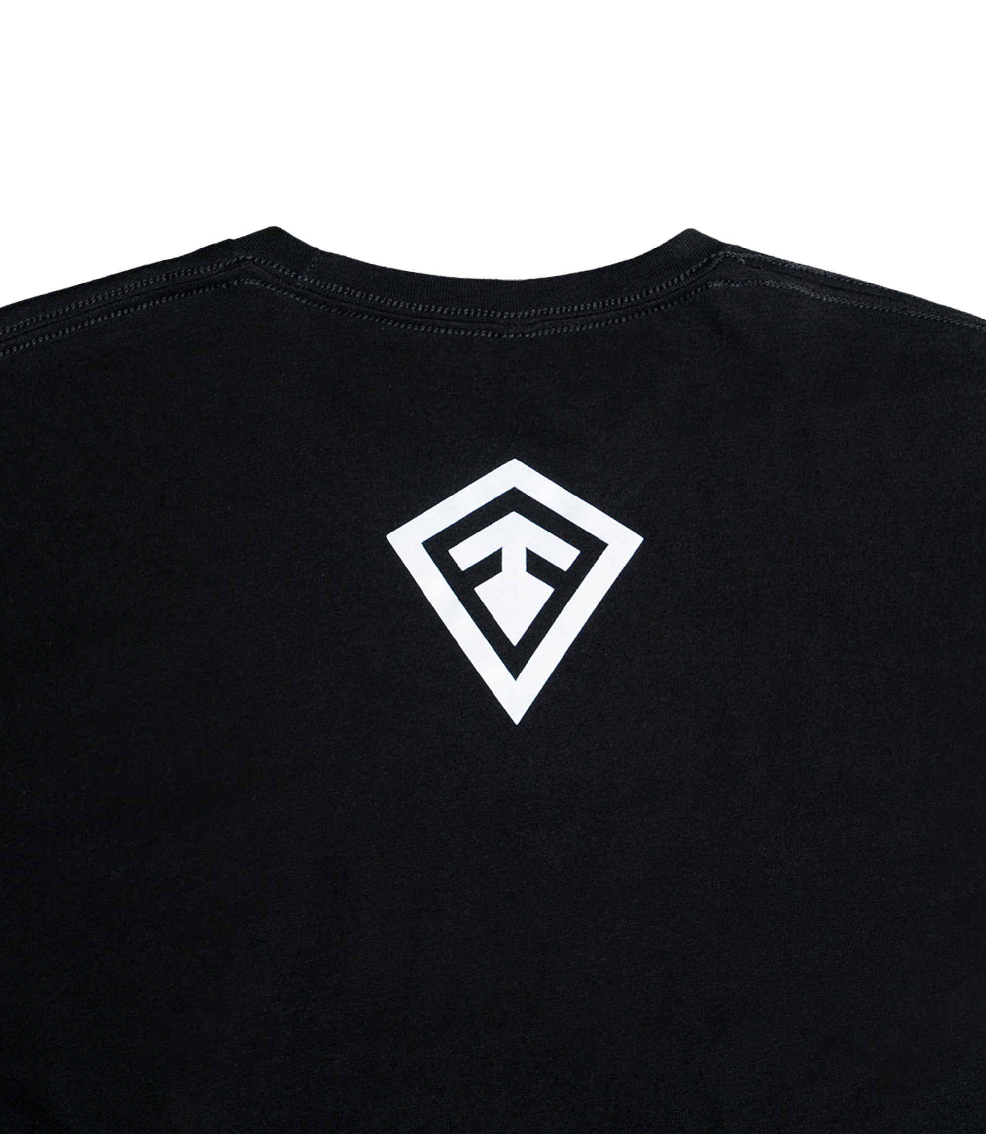 Close up back view image of the design First In, Last Out tee |color_black