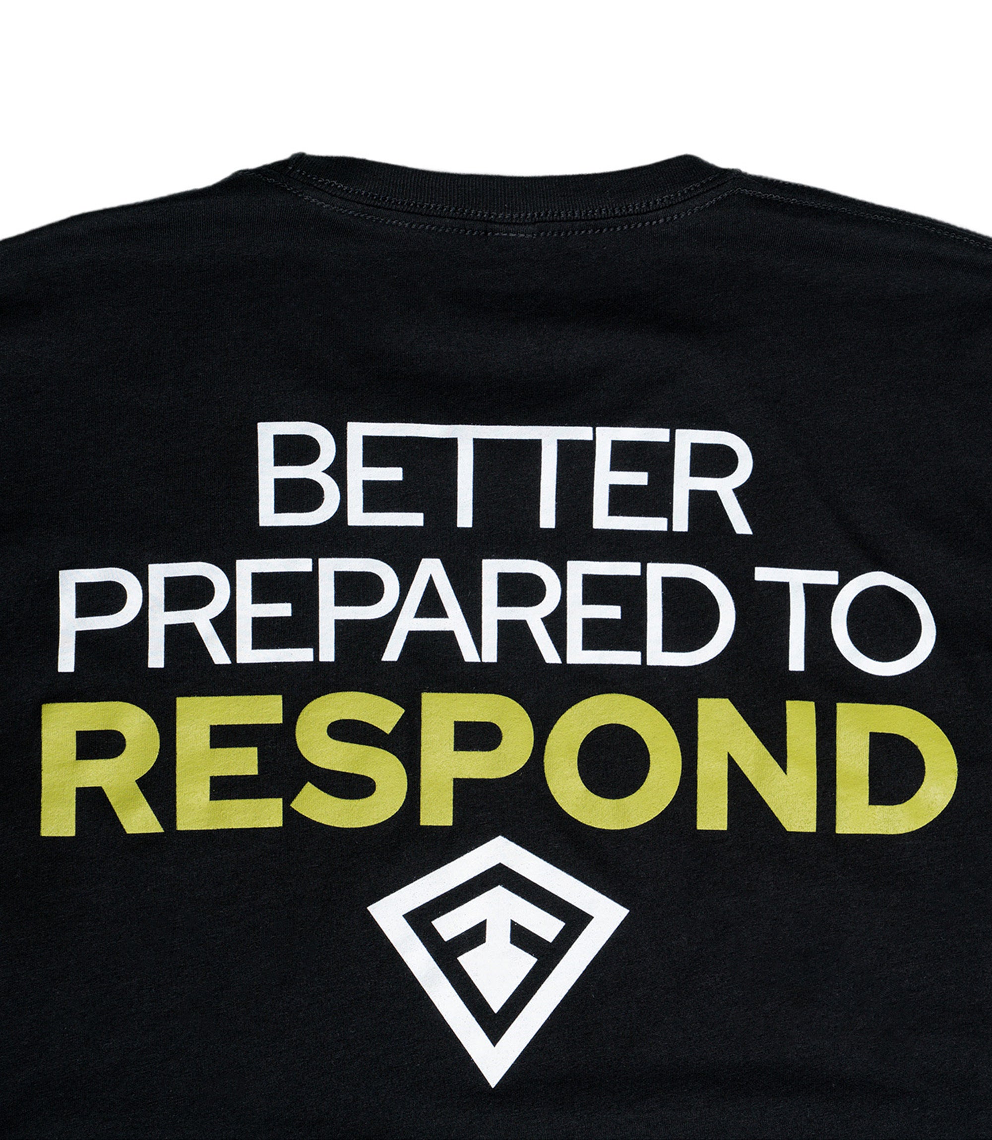 Close up back view image of the design Better Prepared To Respond tee |color_black