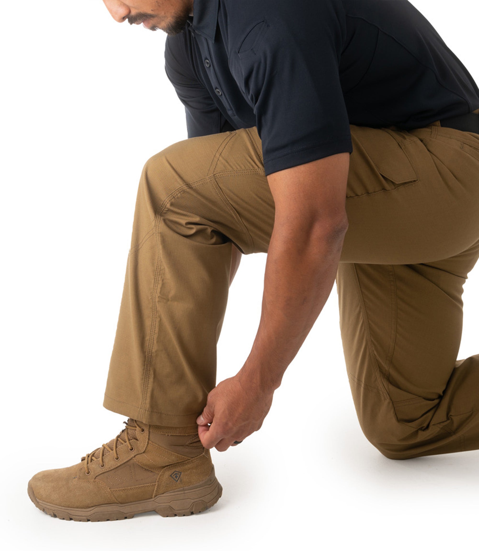 Kneeling of Mens V2 Tactical Pants in Coyote Brown |color_coyote brown