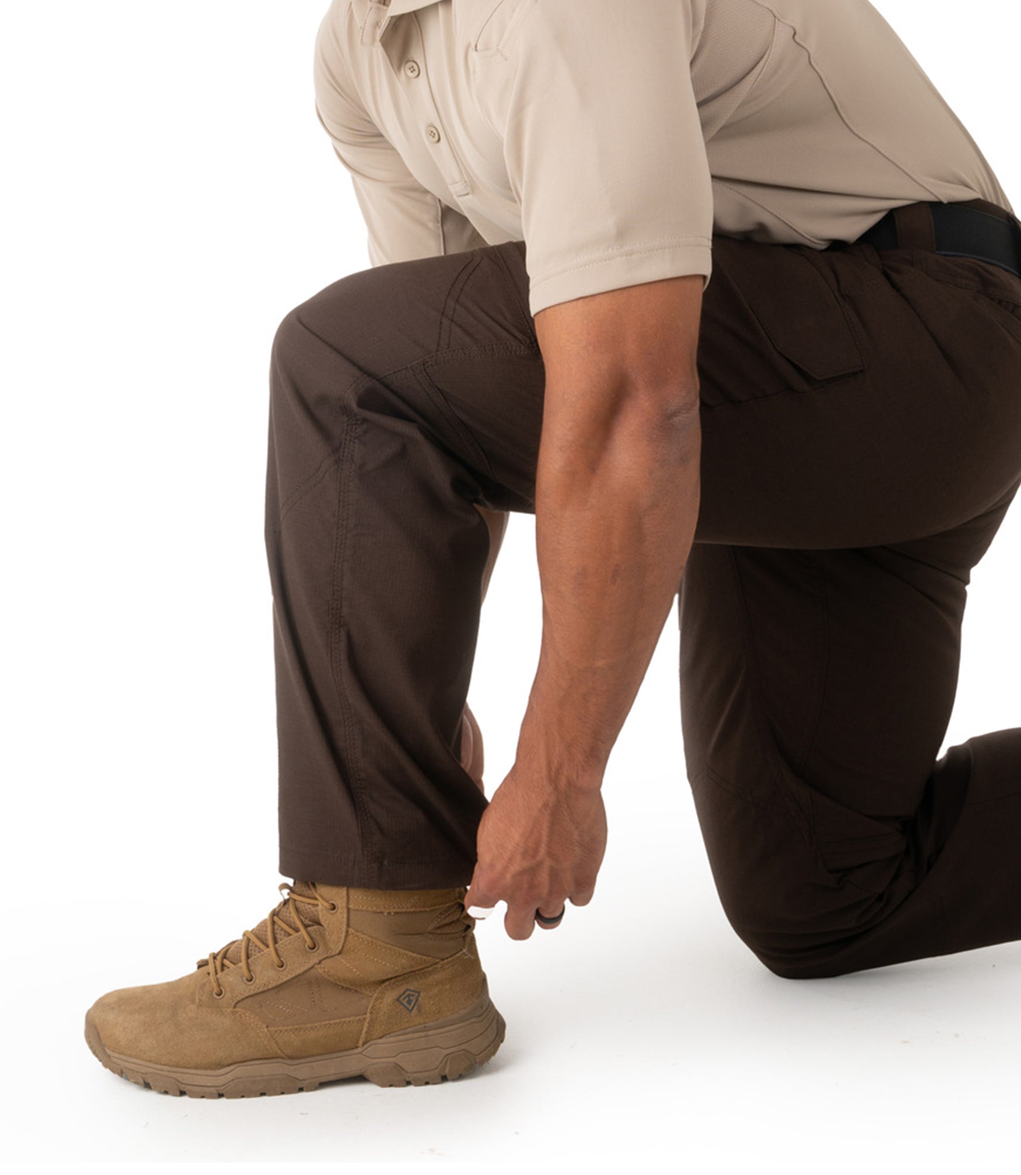 Kneeling of Mens V2 Tactical Pants in Kodiak Brown |color_kodiak brown