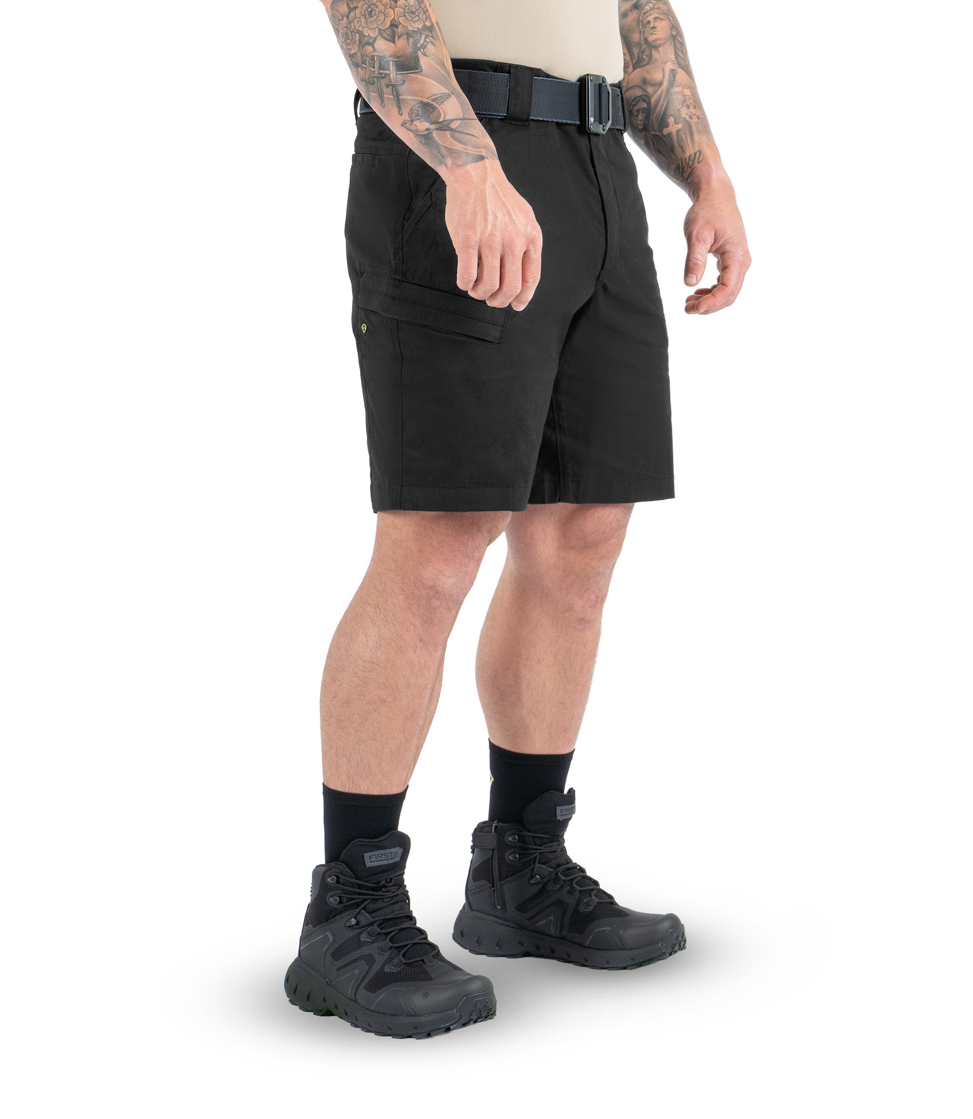 Left 1/4 back side view of Men's A2 Short in Black|color_black