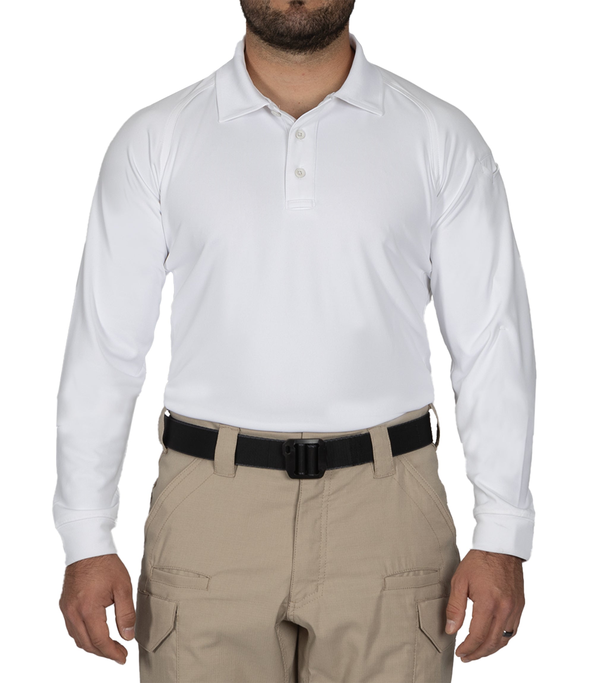 Front of Men's Performance Long Sleeve Polo in White |color_white