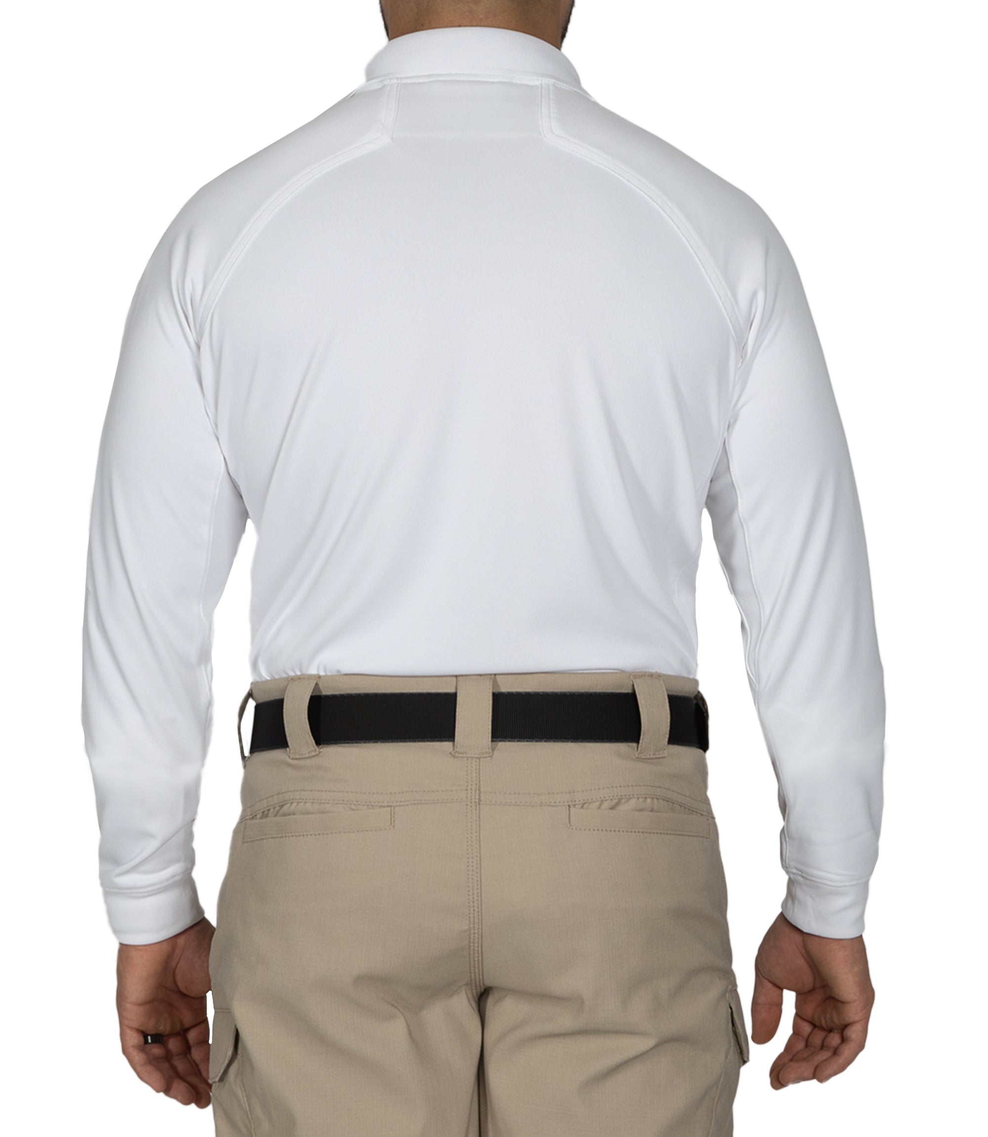 Back of Men's Performance Long Sleeve Polo in White |color_white