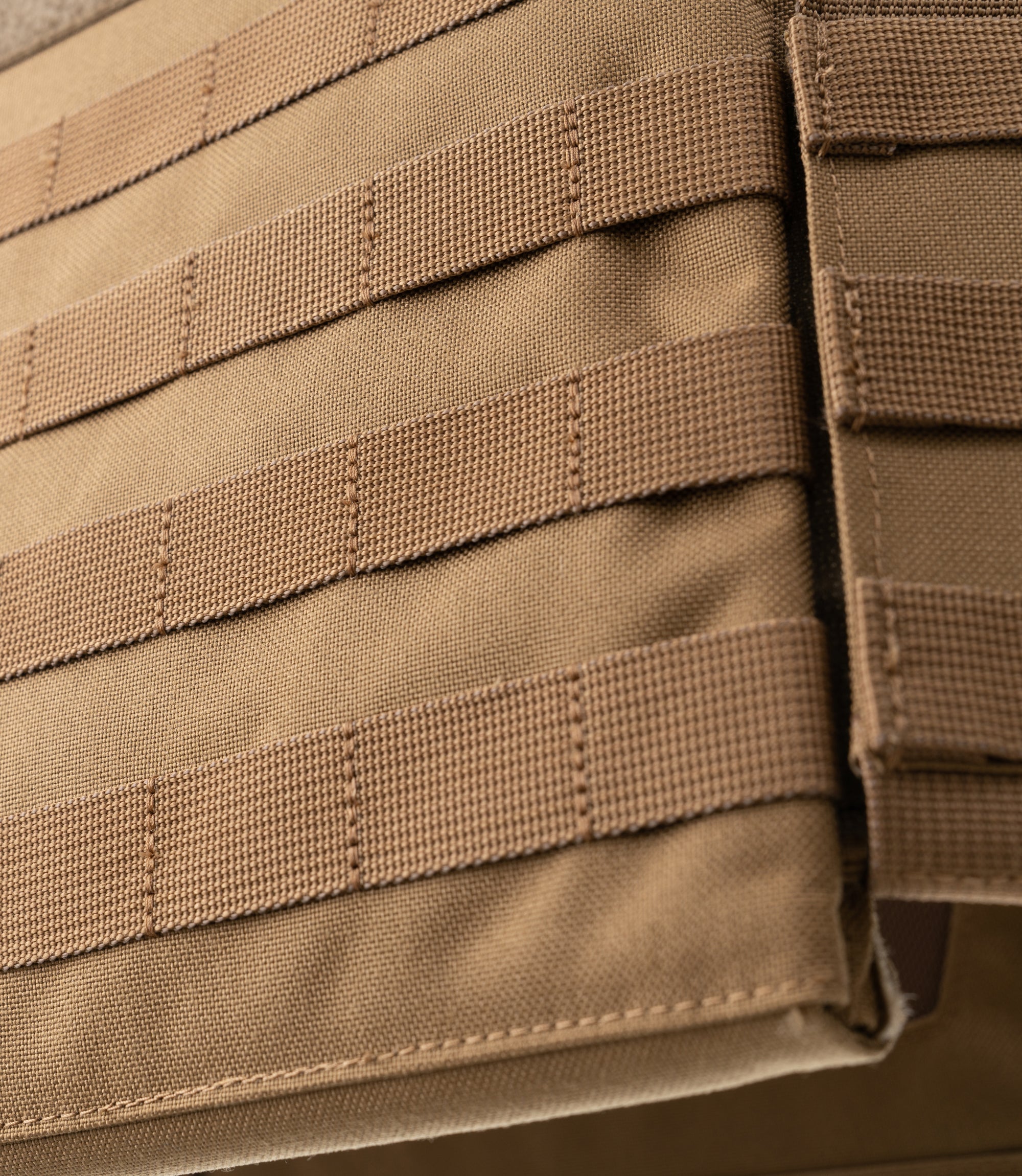 Closeup MOLLE view of Specialist Plate Rack in Coyote |color_coyote