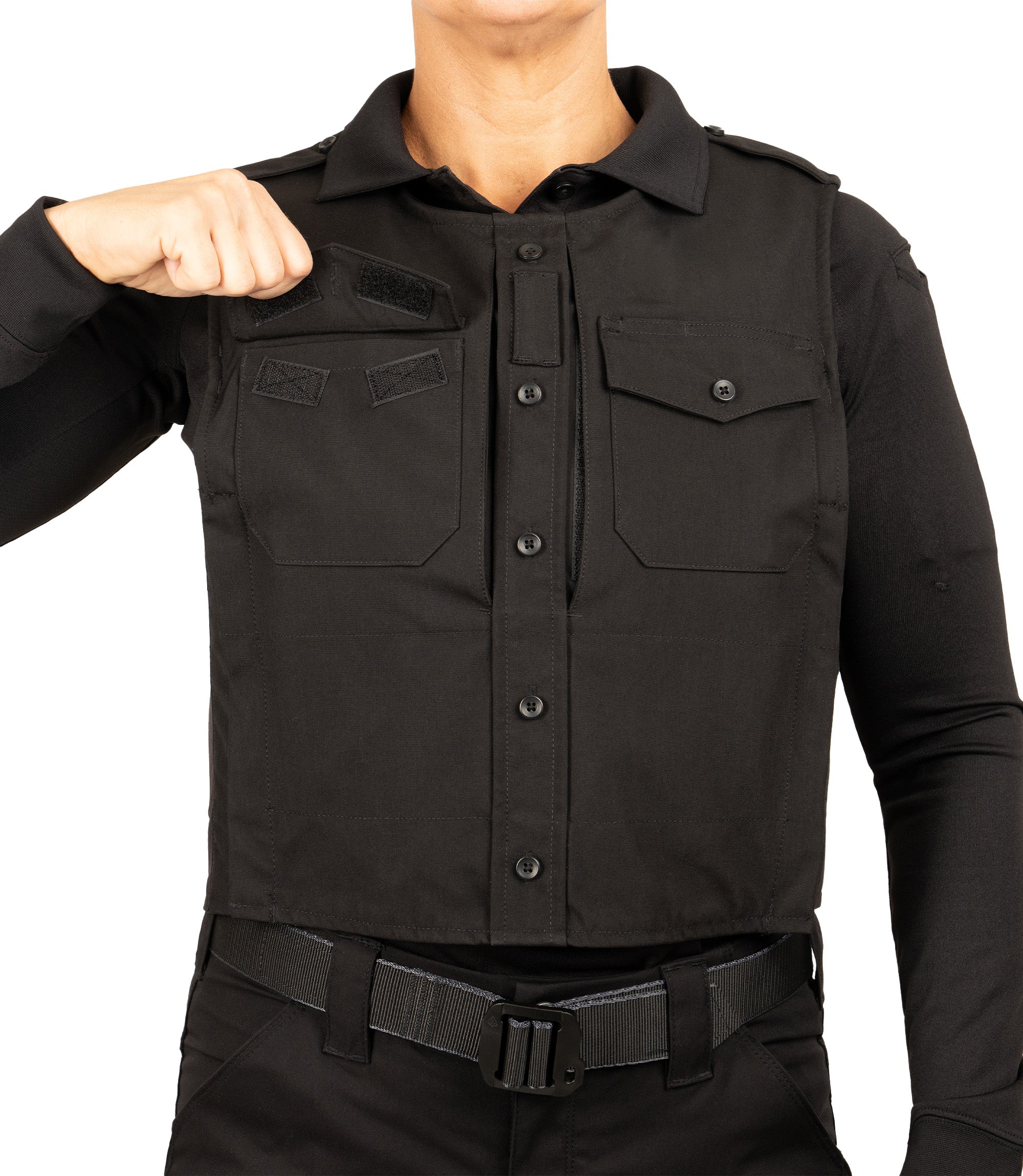 Open front chest pocket view of Pro Duty Armor Cover in color black|color_black