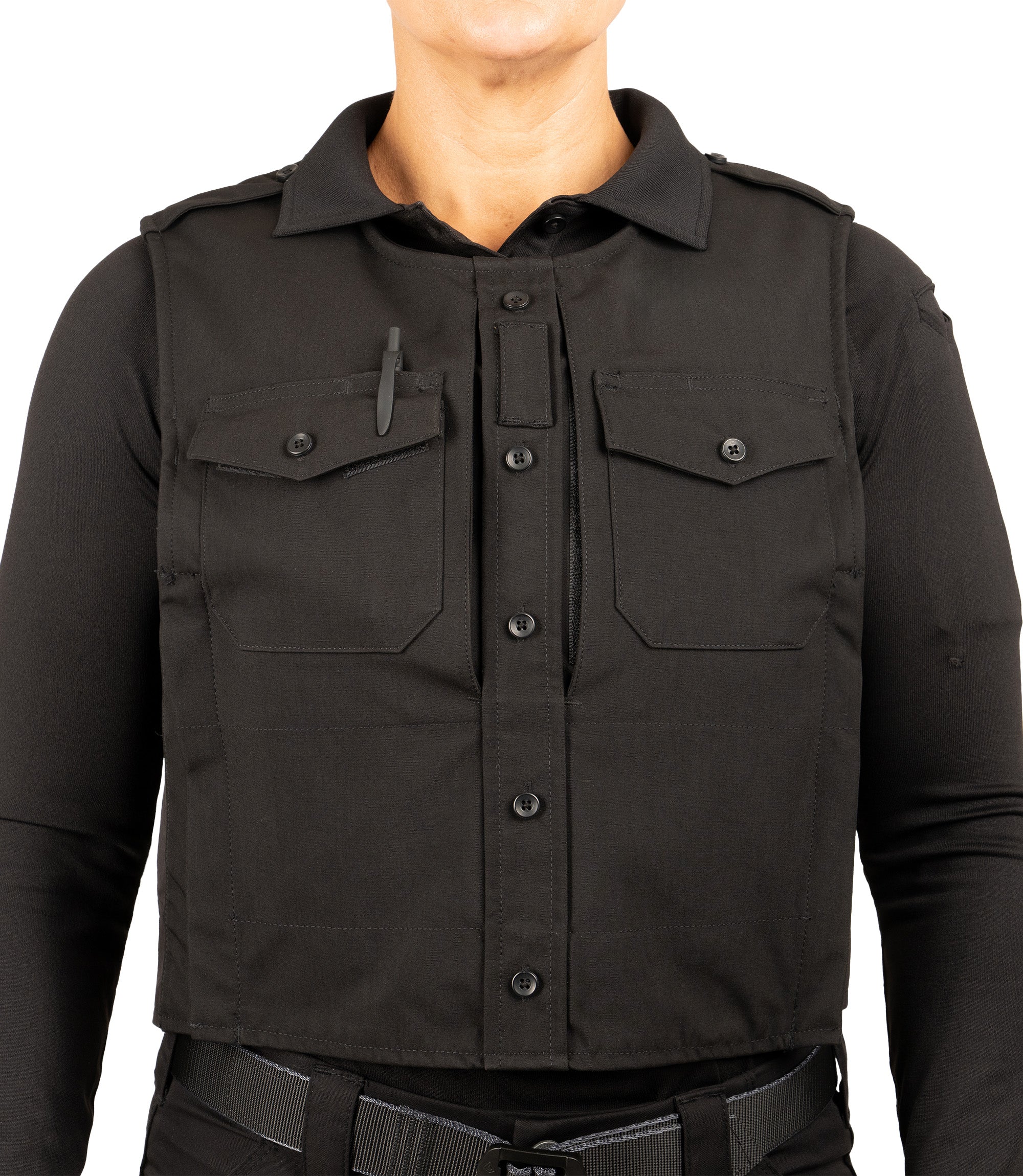 Close-up of front chest pocket with pin insert in Black|color_black