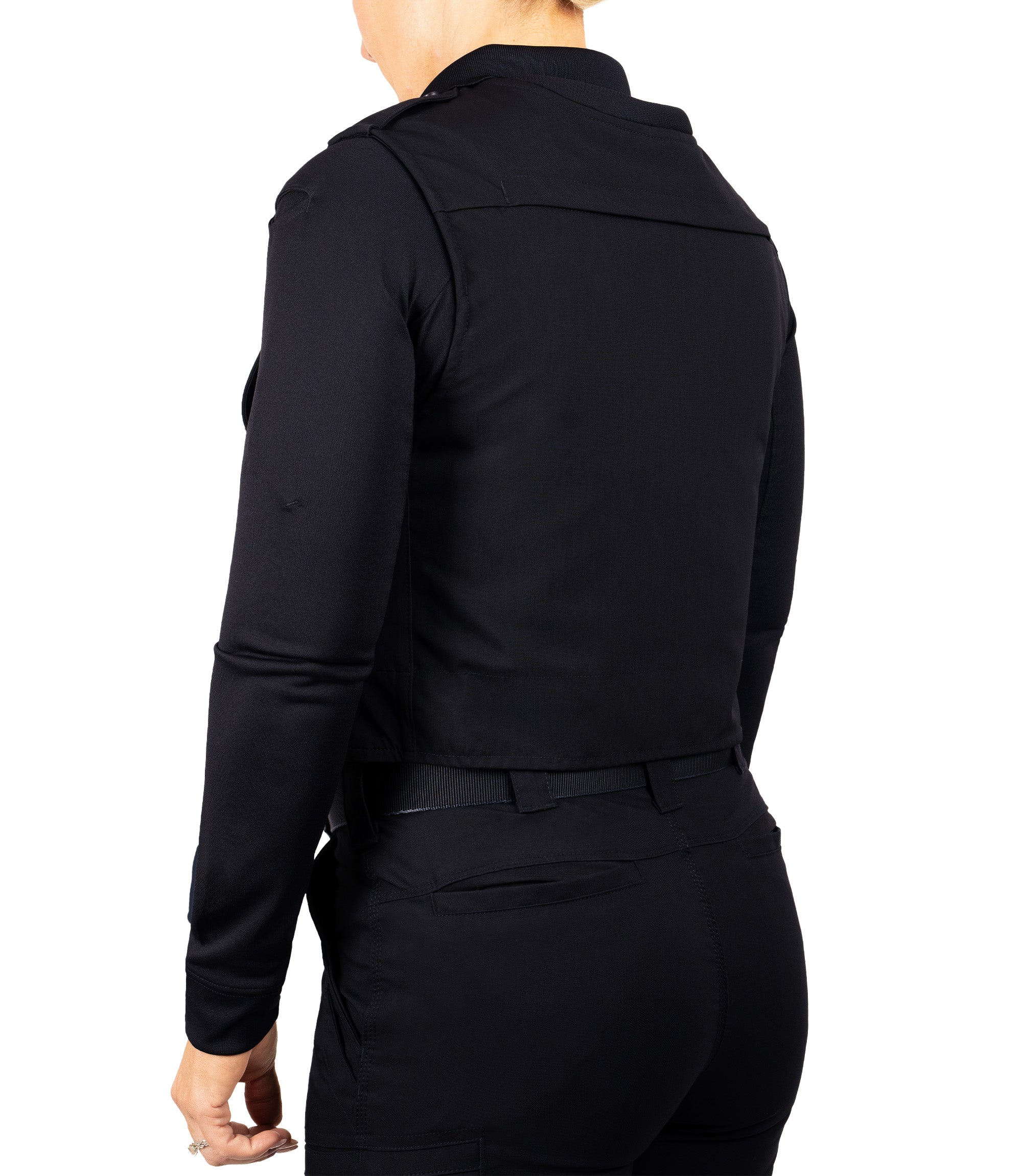 Back quarter angle view of Pro Duty Armor Cover with molle in color midnight navy|color_midnight navy