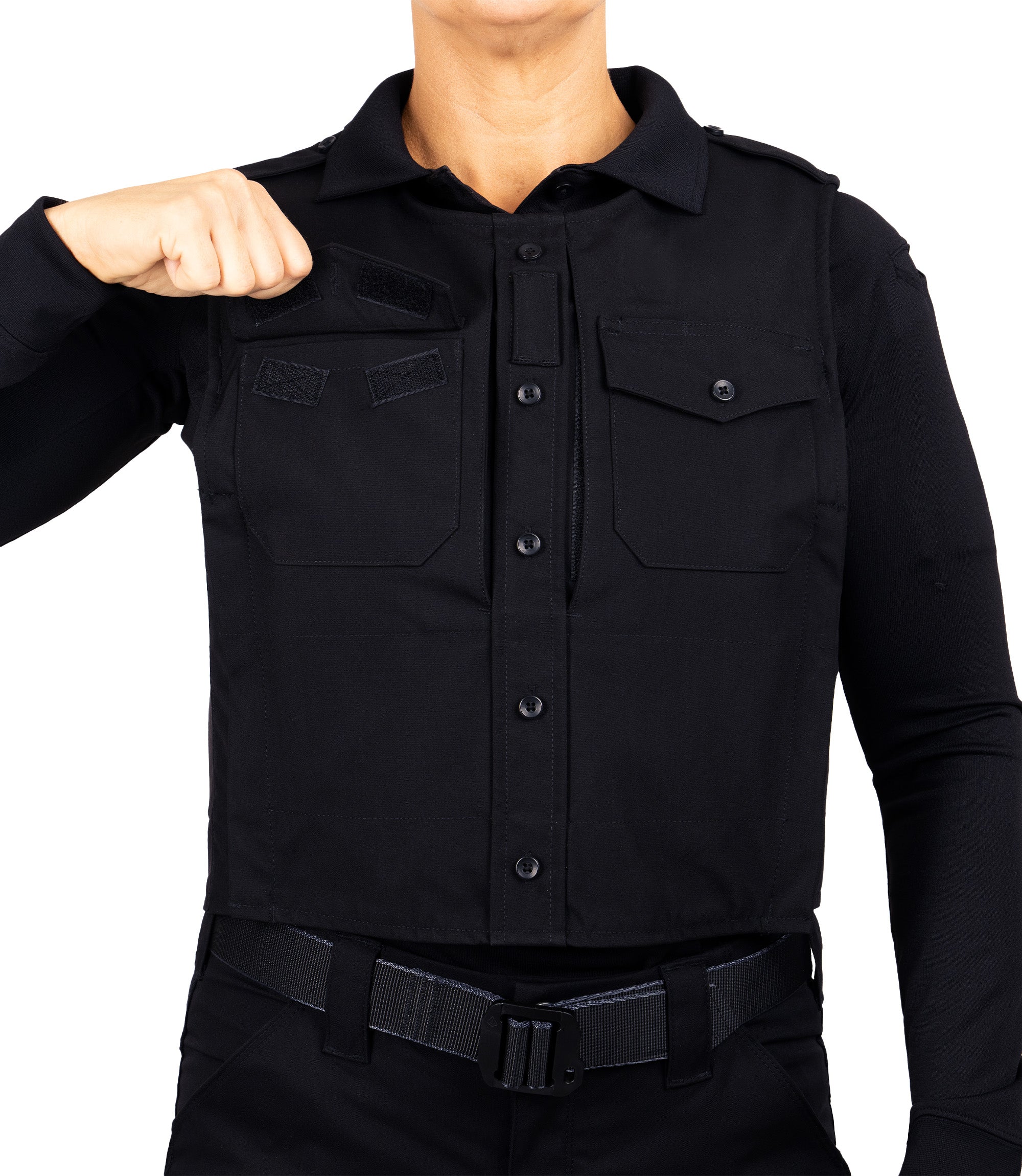 Open front chest pocket view of Pro Duty Armor Cover in color midnight navy|color_midnight navy