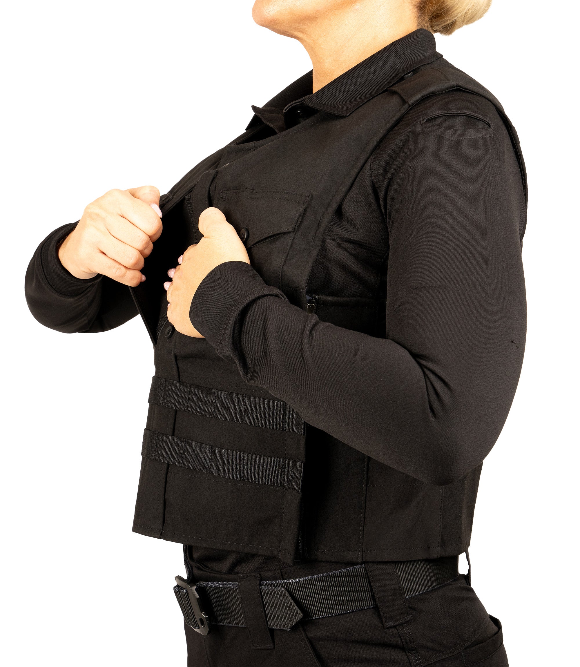 Insert front pocket view of Pro Duty Armor Cover with Molle in the color black|color_black