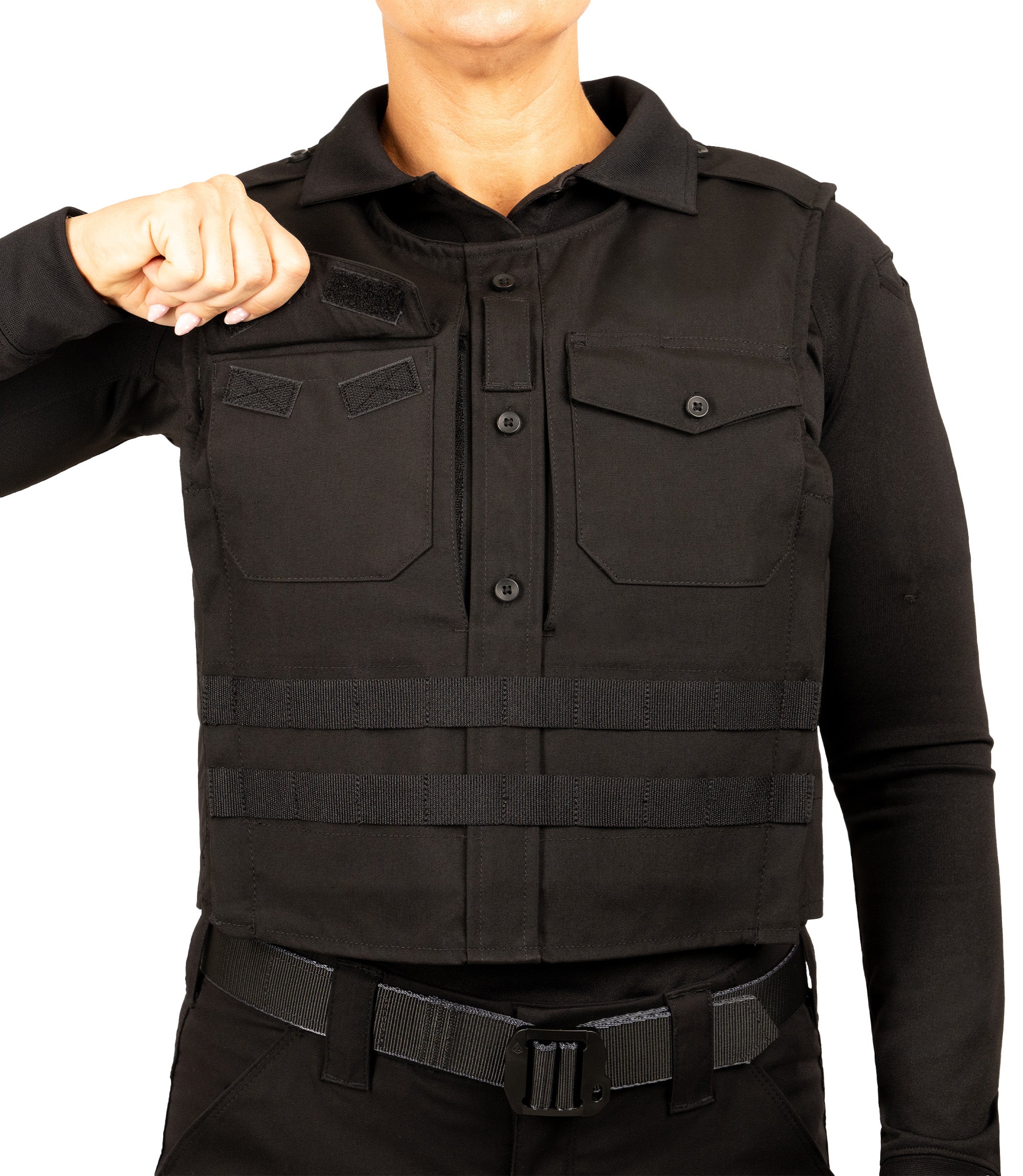 Open front chest pocket view of Pro Duty Armor Cover with Molle in color black|color_black