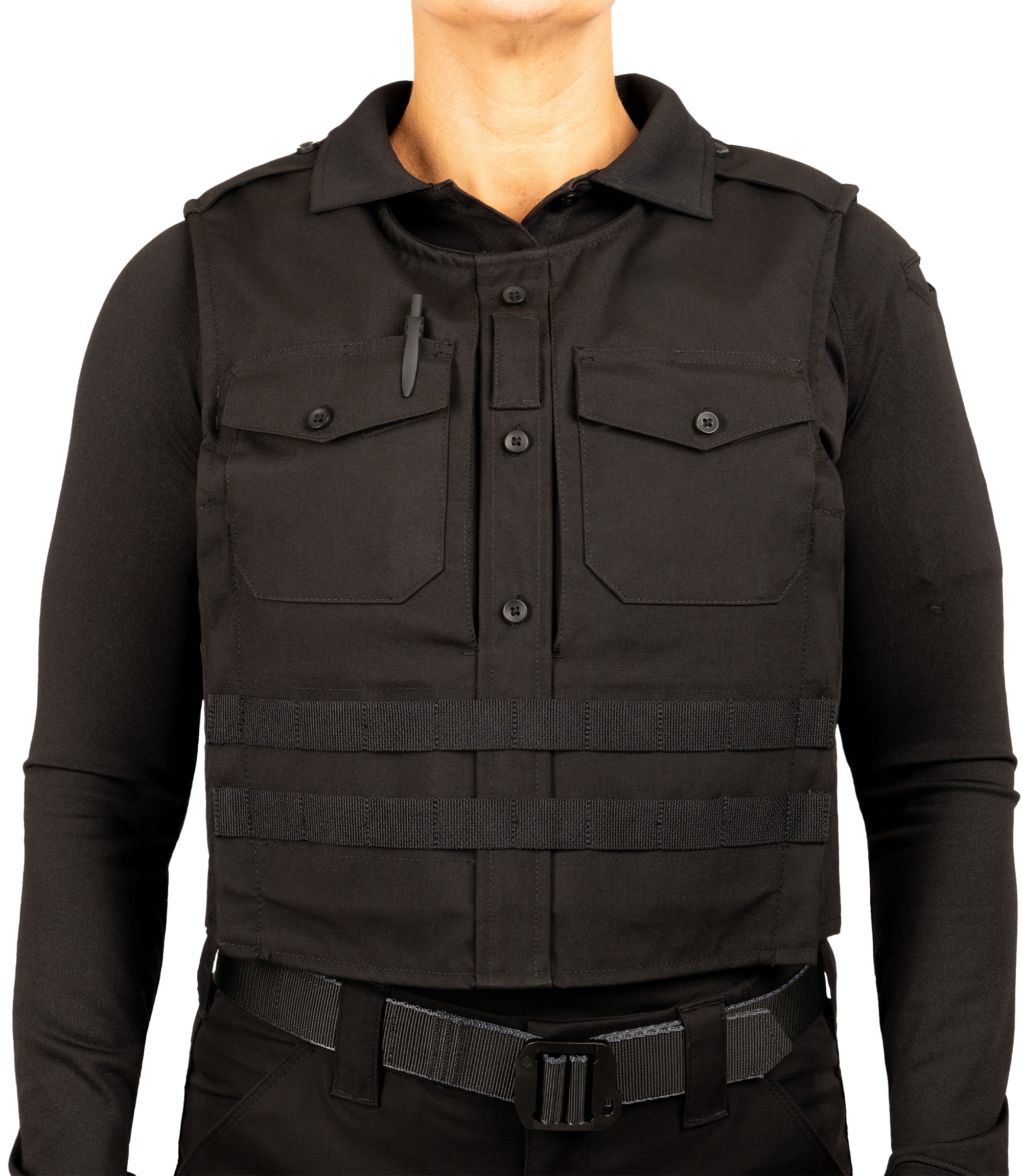 Close-up of front chest pocket with pen insert in Black|color_black