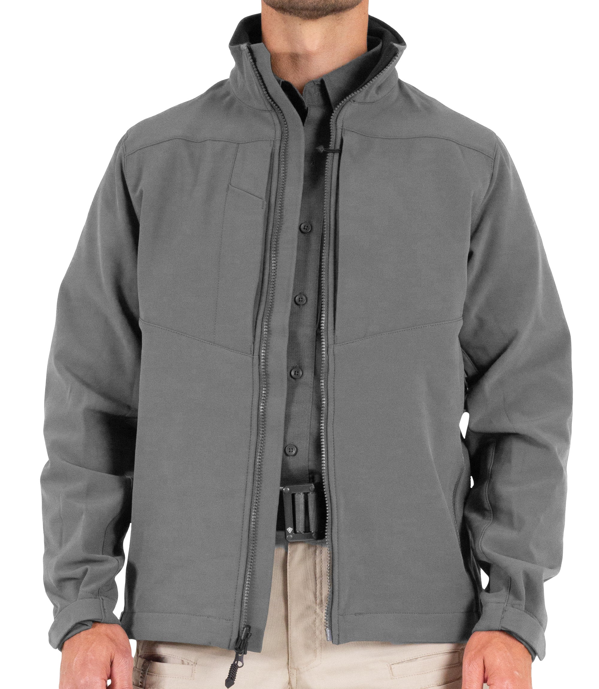 Front Open Zipper of Men's Tactix Softshell Parka in Wolf Grey |color_wolf grey
