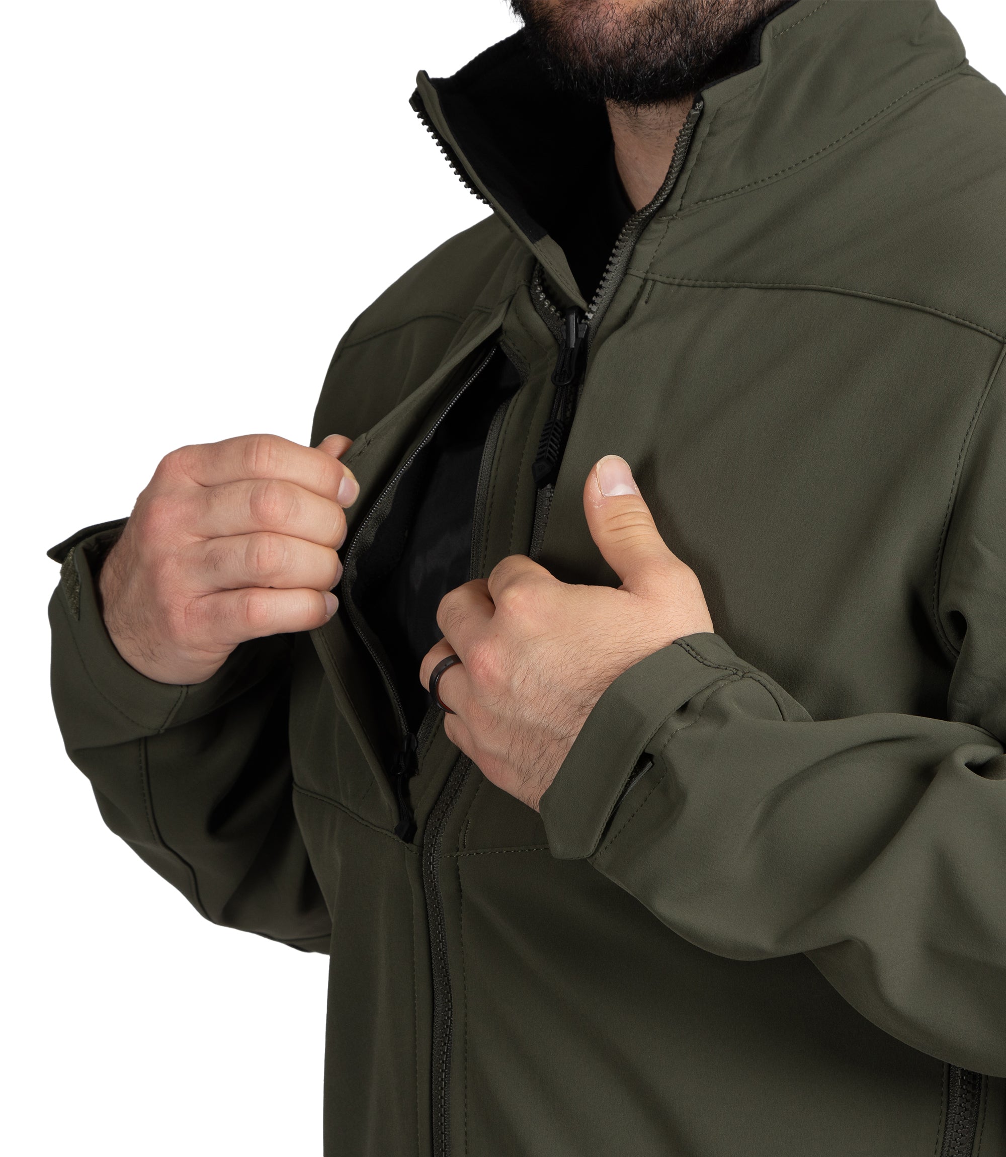 Open Chest Pocket of Men's Tactix Softshell Parka in OD Green |color_od green