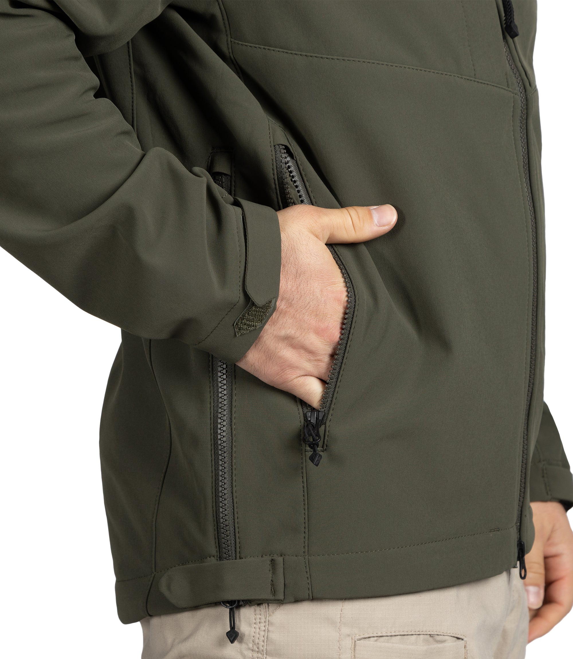 Open Side Pocket of Men's Tactix Softshell Parka in OD Green |color_od green