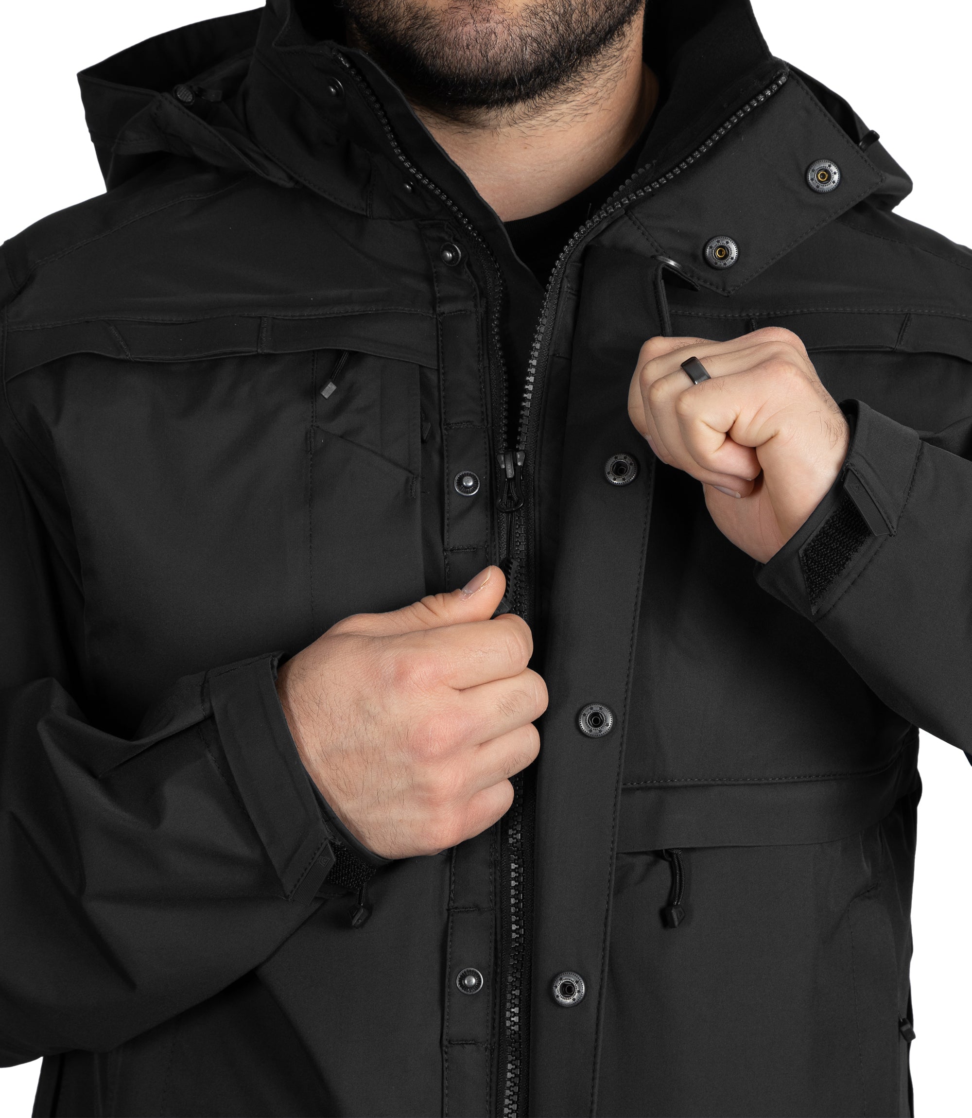 Front Zipper Open of Men's Tactix Parka Shell in Black |color_black