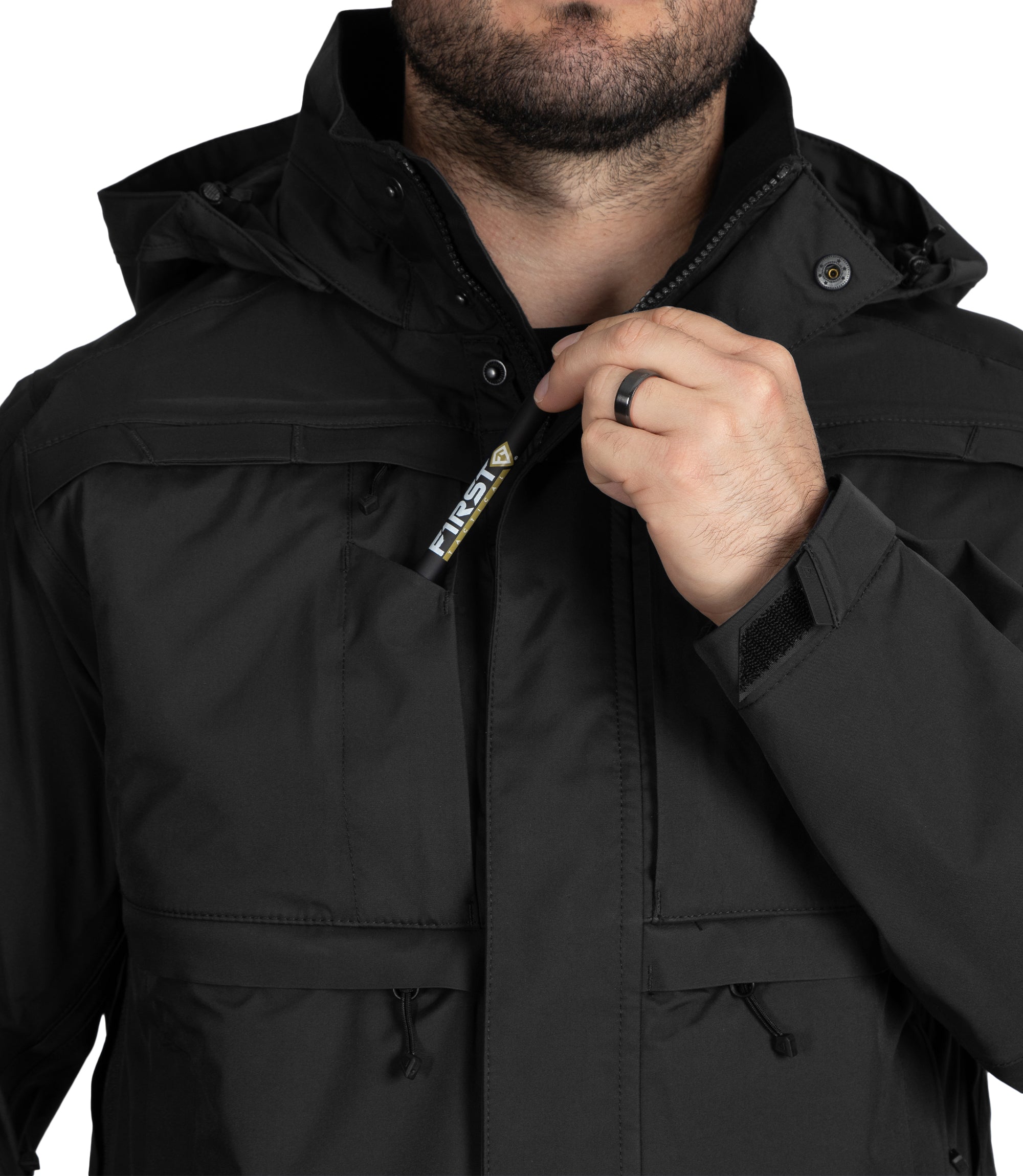 Front Pen Pocket of Men's Tactix Parka Shell in Black |color_black