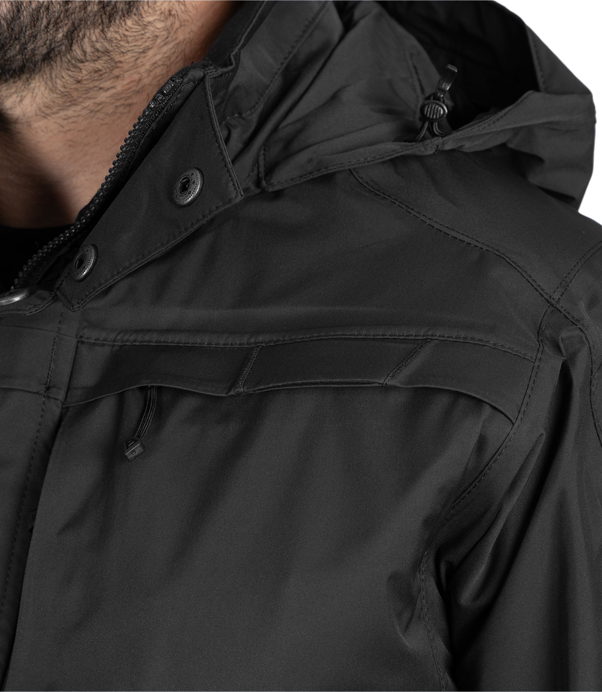 Closeup Chest Pocket of Men's Tactix Jacket Sheel in Black |color_black