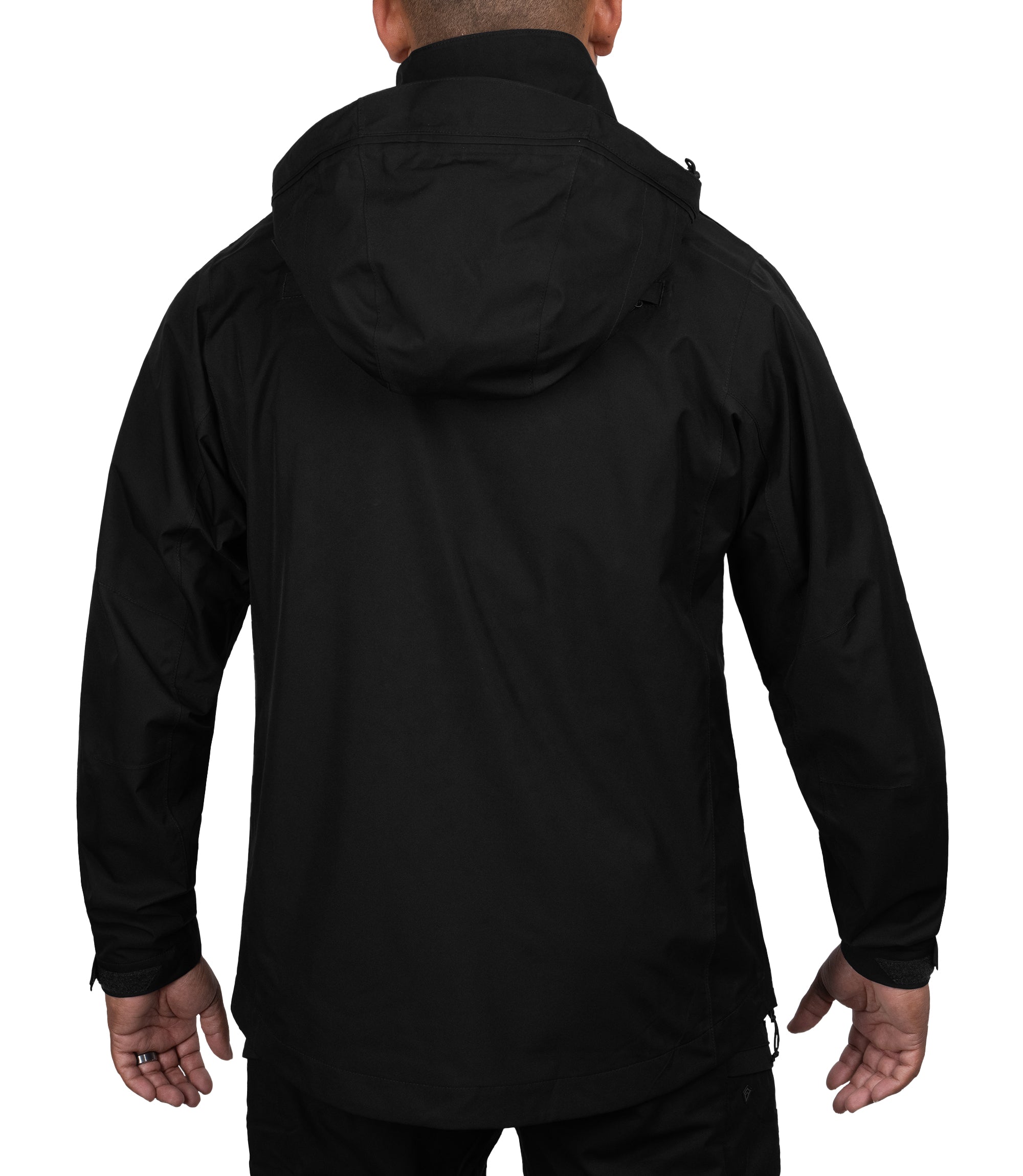 Back view with attached hoodie of the Monsoon Parka in color black |color_black