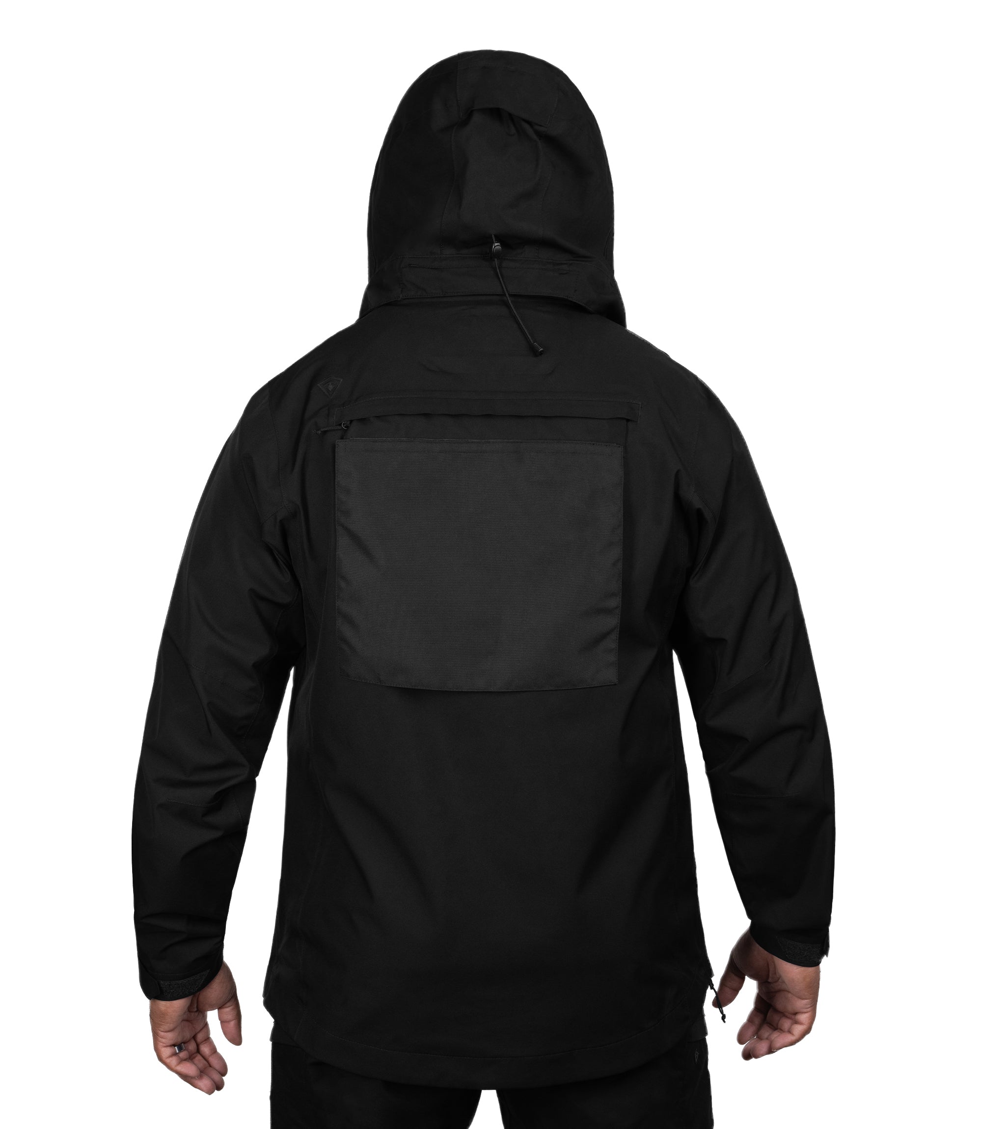 Back view with detachable pull-out panel of the Monsoon Parka in color black |color_black