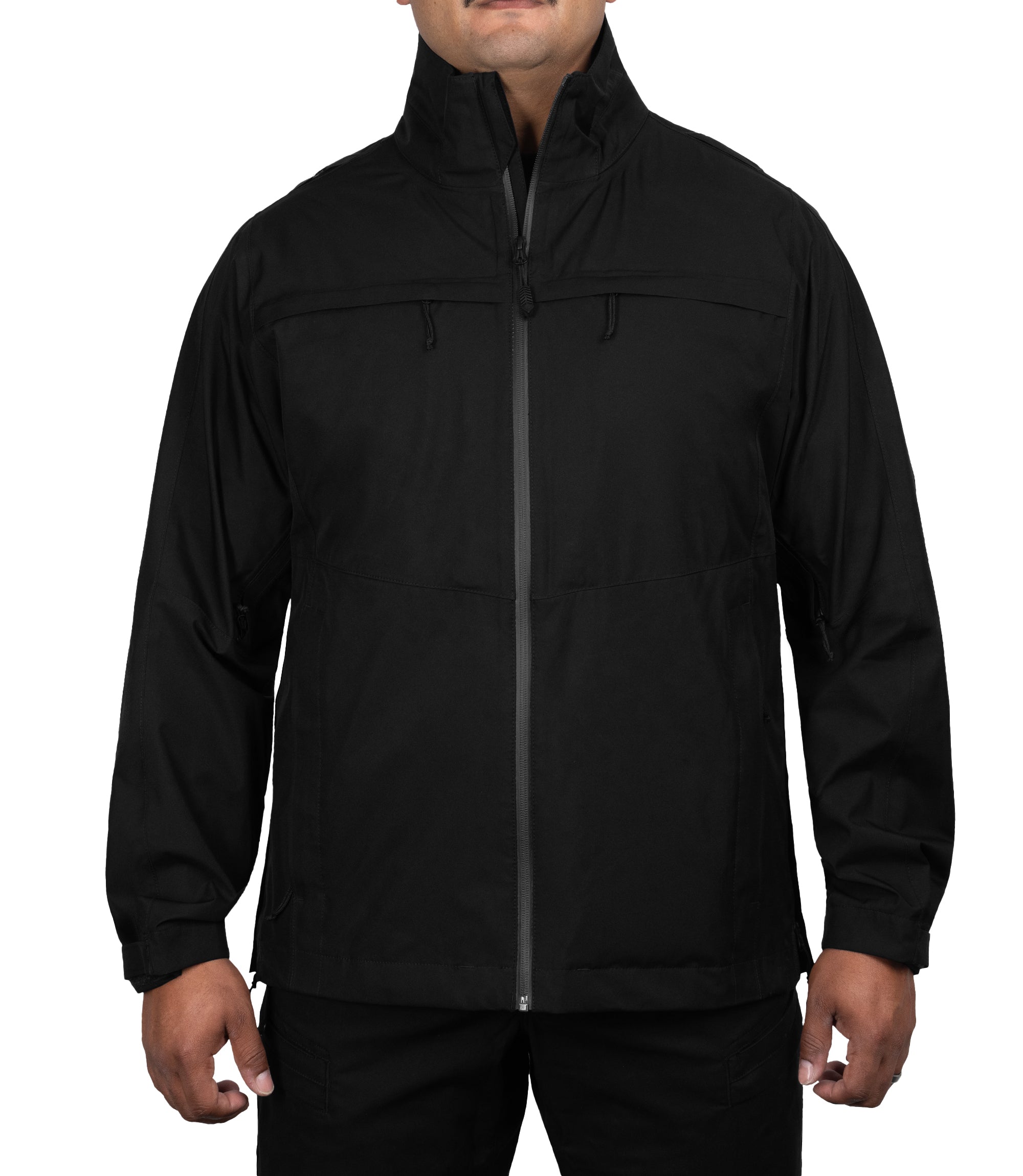 Front view without attached hoodie of the Monsoon Parka in color black |color_black