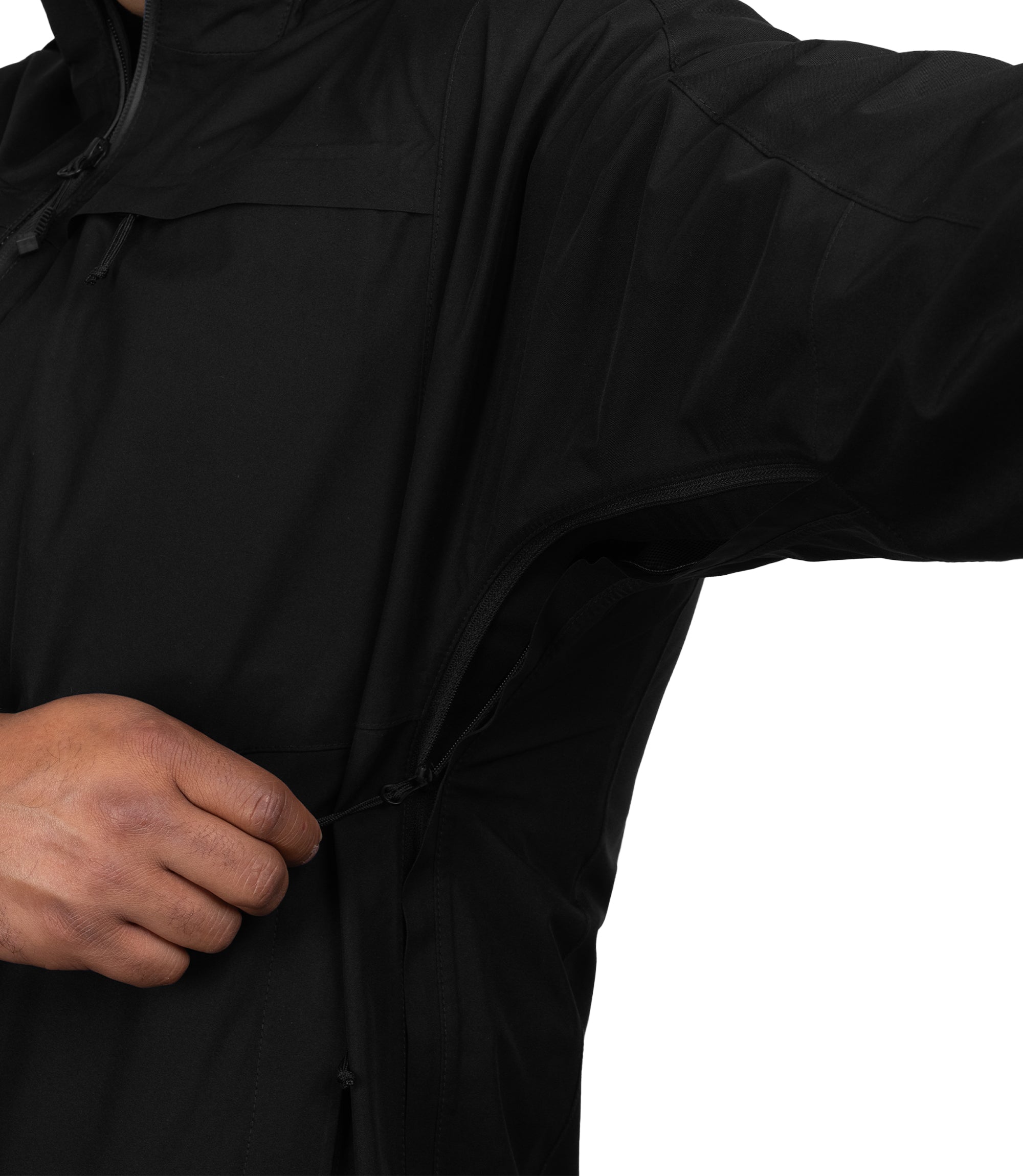 Underarm side zip view of the Monsoon Parka in color black |color_black