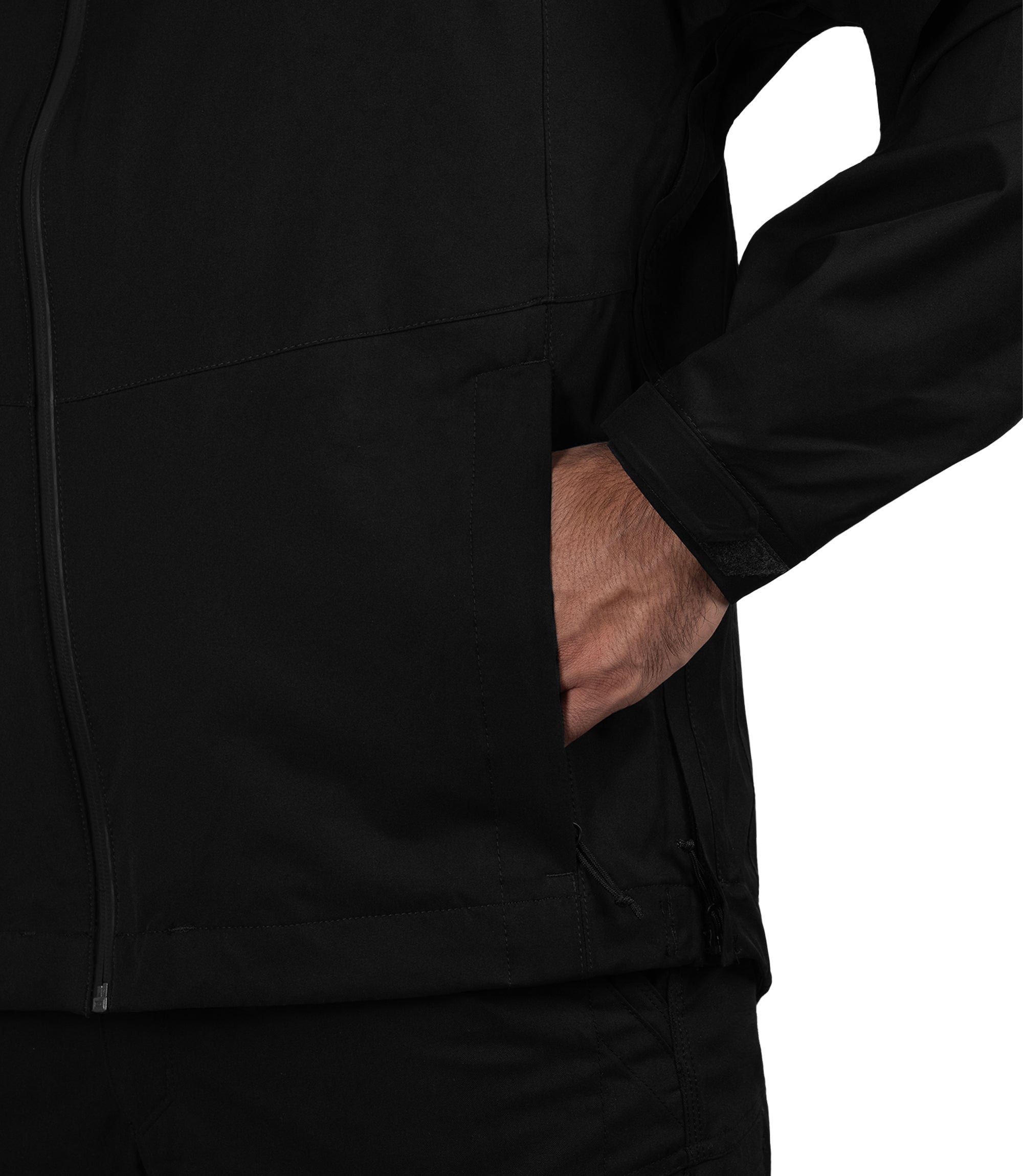 Vertical hand pockets with zipper closure view of the Monsoon Parka in color black |color_black