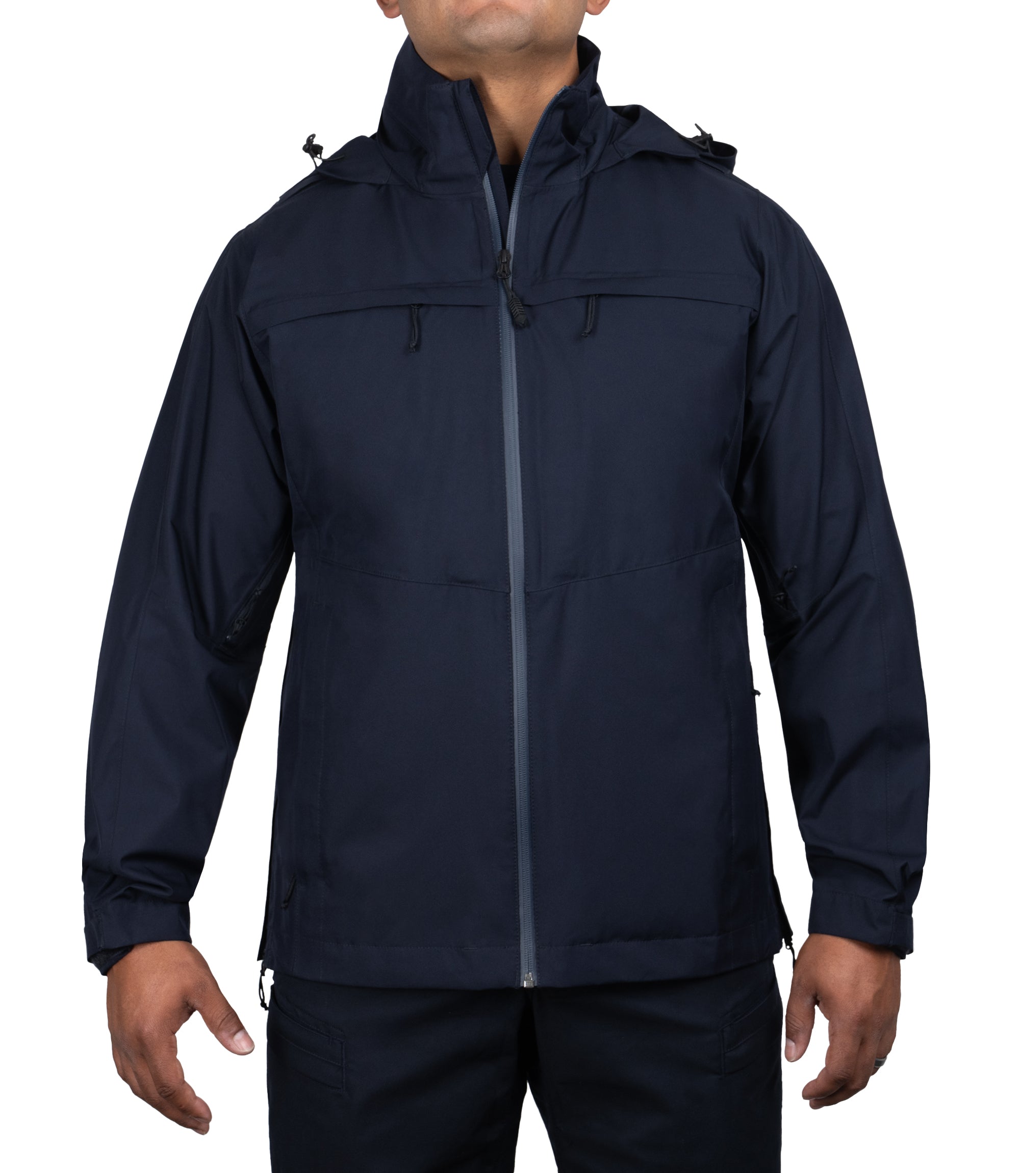 Front view with attached hoodie of the Monsoon Parka |color_midnight navy