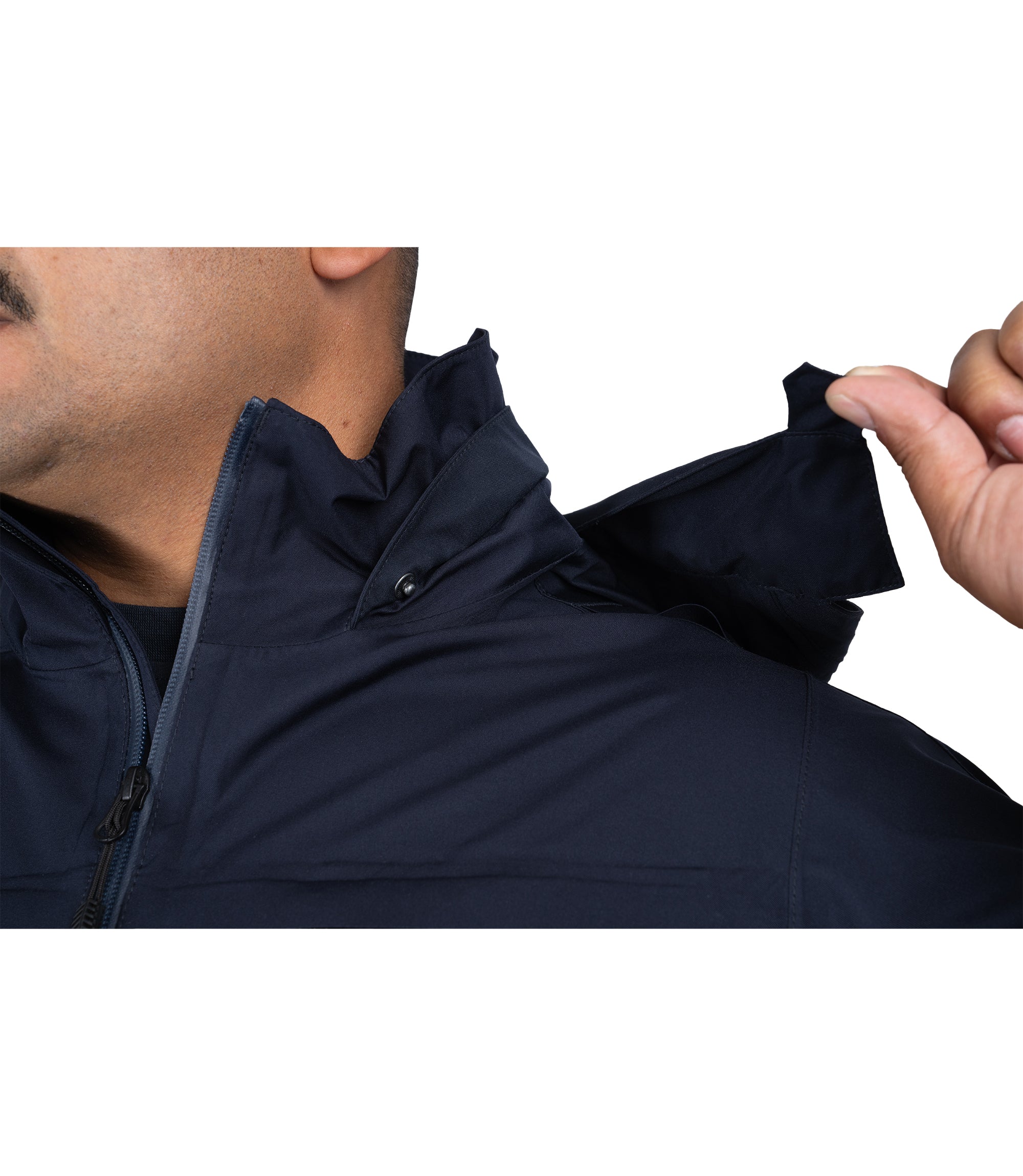 Prym snaps removable hoodie view of the Monsoon Parka in color Midnight Navy |color_midnight navy