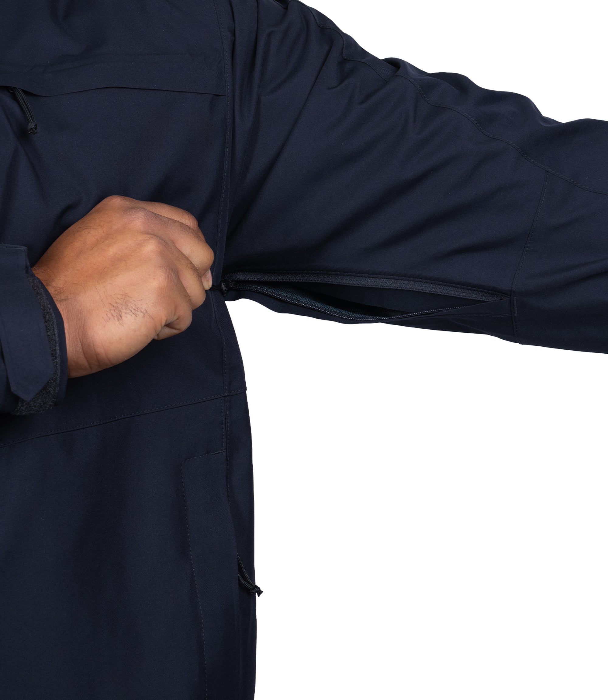 Pit zip view of the Monsoon Parka in color Midnight Navy |color_midnight navy