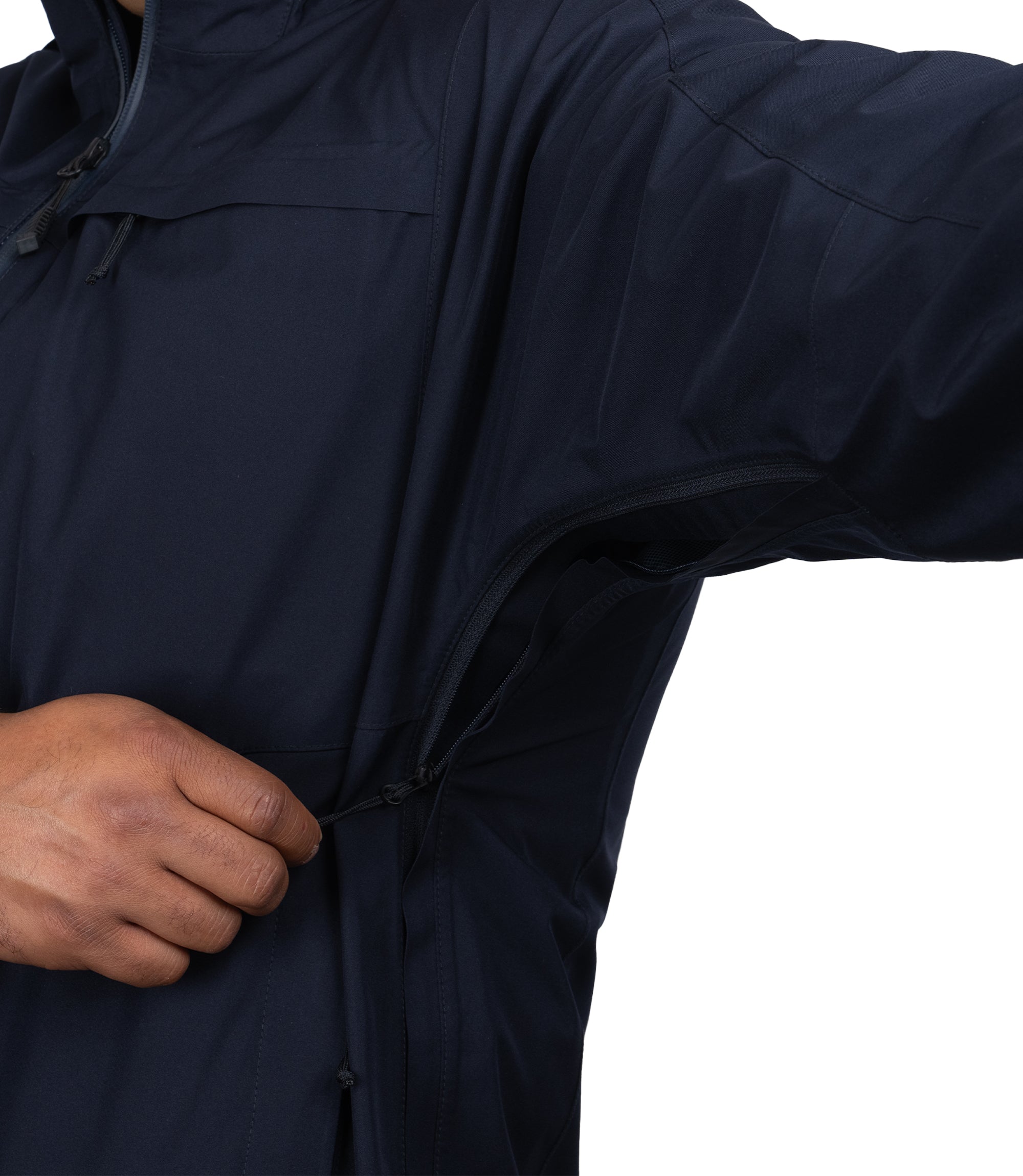 Underarm side zip view of the Monsoon Parka in color Midnight Navy |color_midnight navy