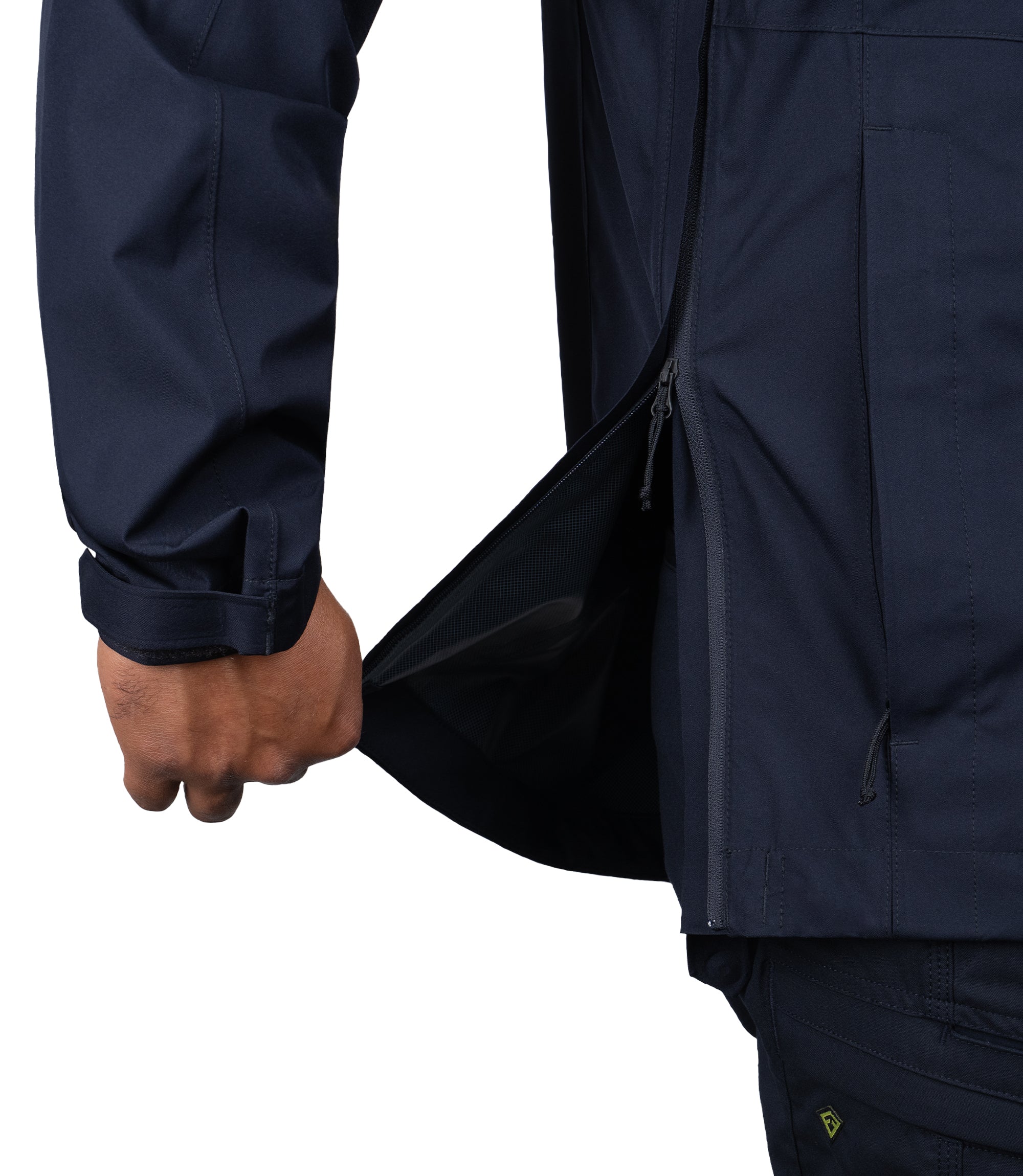 Side zip view of the Monsoon Parka in color Midnight Navy |color_midnight navy