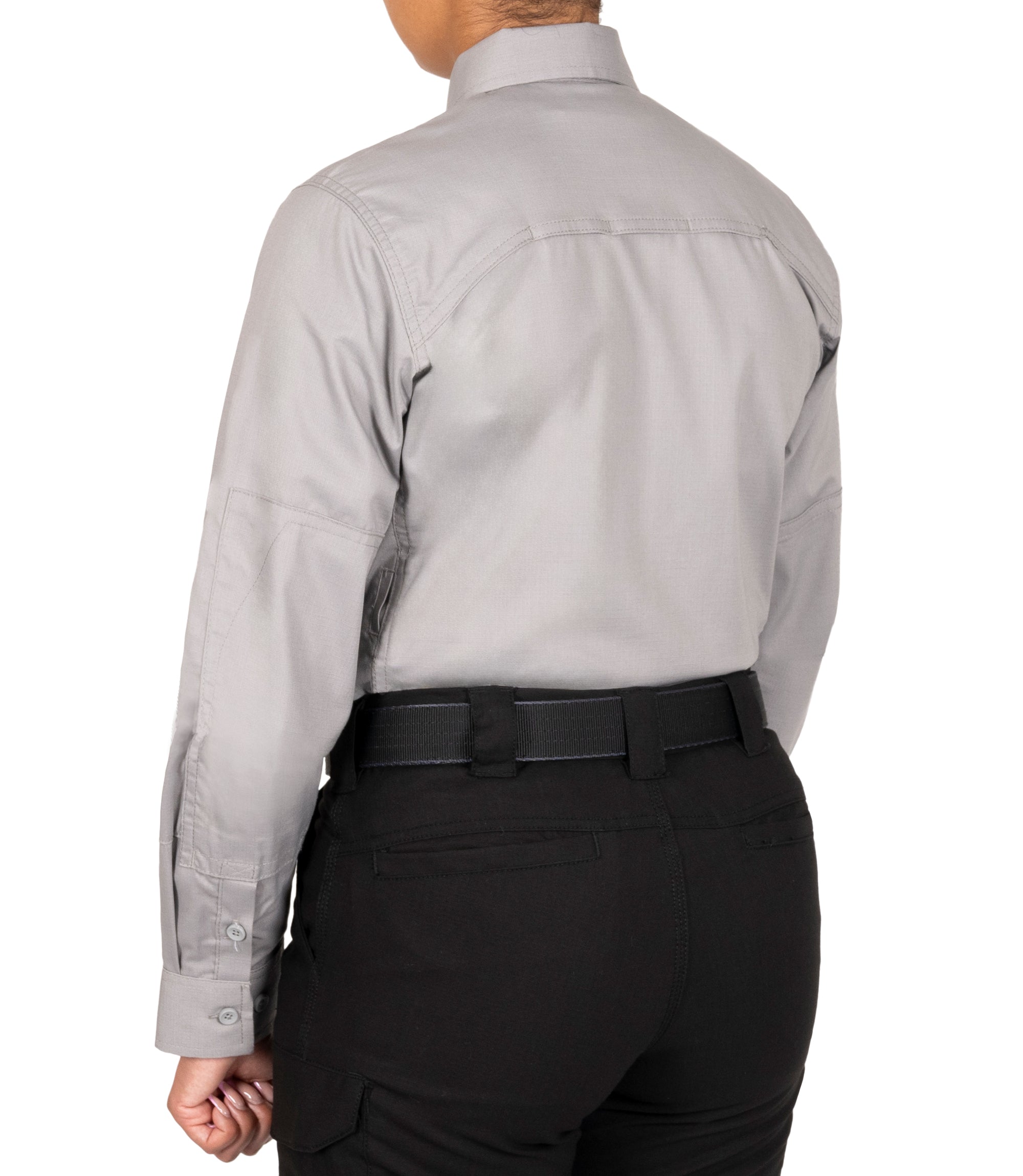 Back 1/4 of Women's V2 Tactical Long Sleeve Shirt in Nickel Grey |color_nickel grey