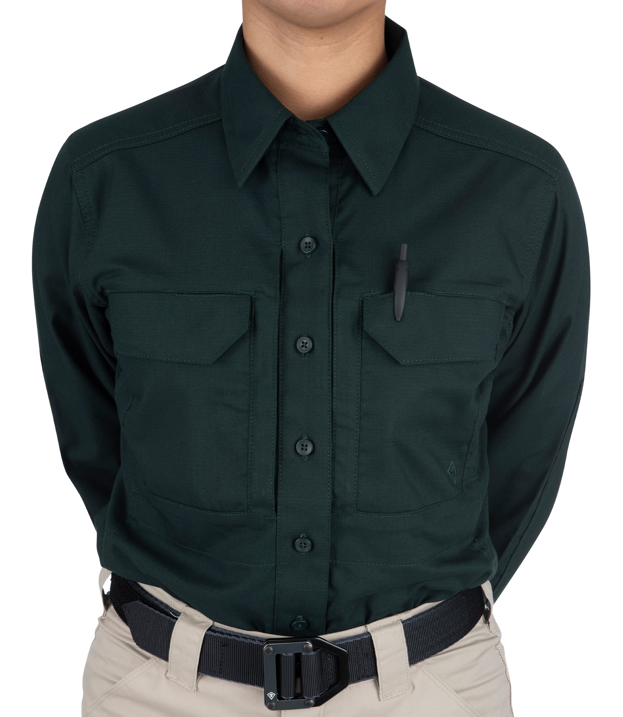 Front pen pocket Women's V2 Tactical Long Sleeve Shirt in Spruce Green |color_spruce green