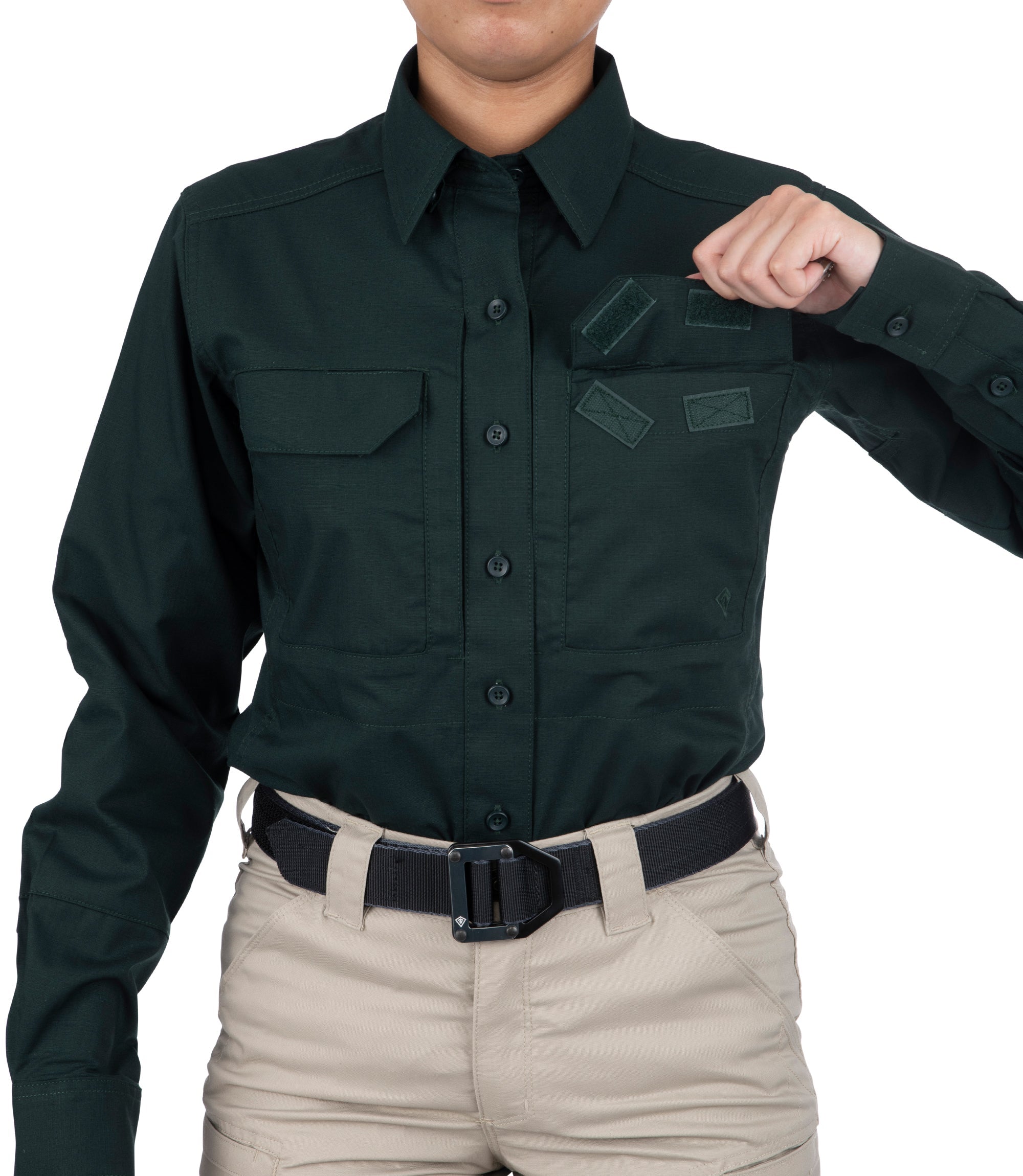 Front open pocket of Women's V2 Tactical Long Sleeve Shirt in Spruce Green |color_spruce green