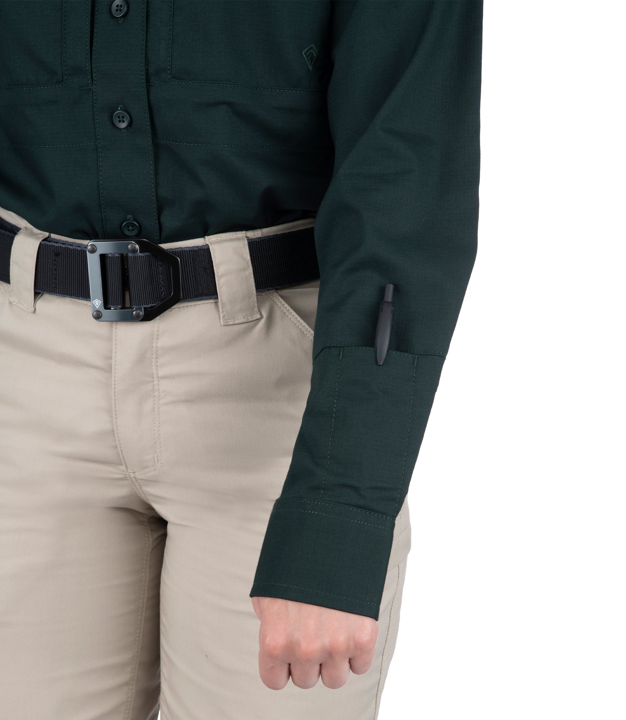 Side pen pocket of Women's V2 Tactical Long Sleeve Shirt in Spruce Green |color_spruce green