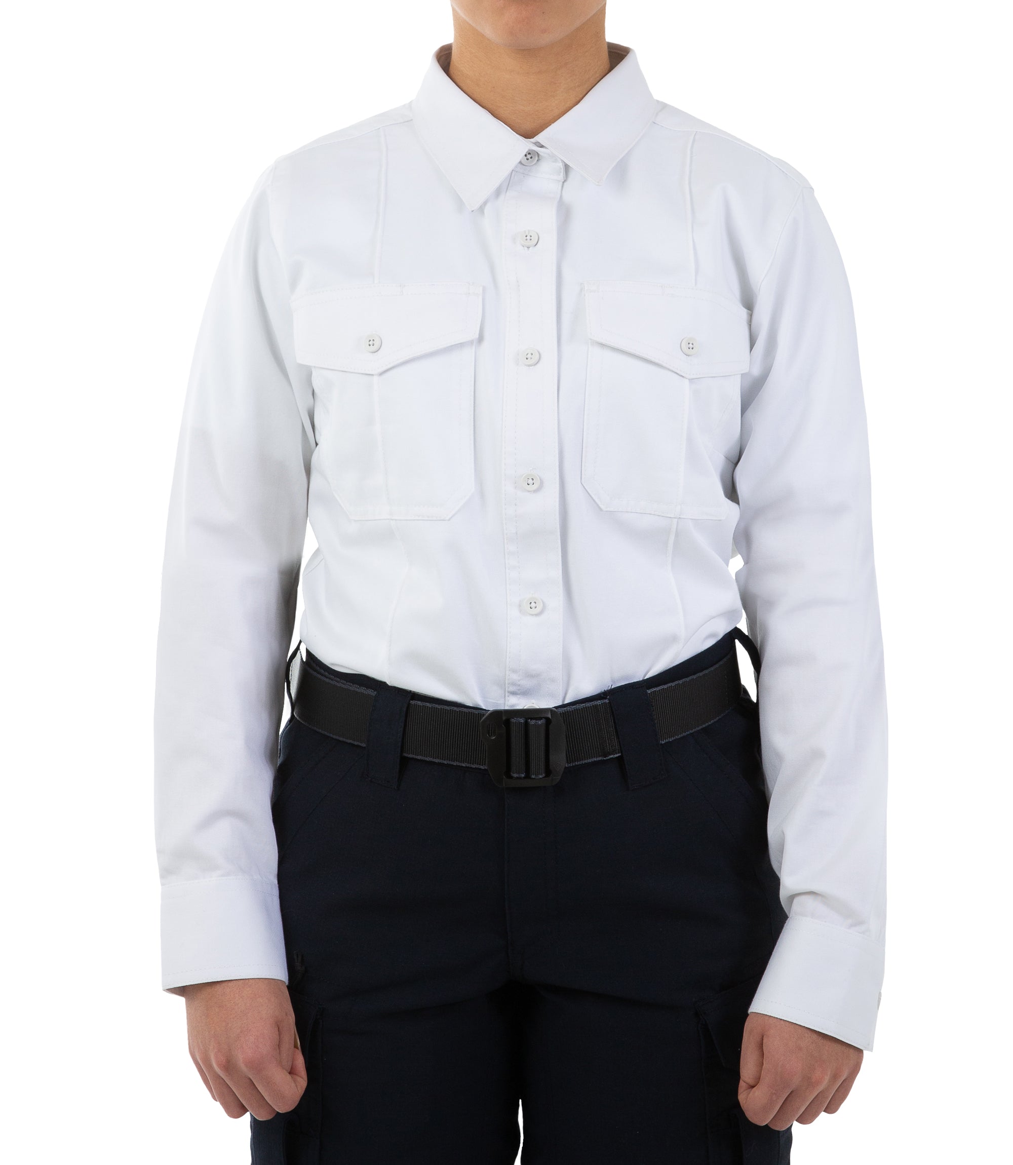 Front of Women's Cotton Station Long Sleeve Shirt in White |color_white