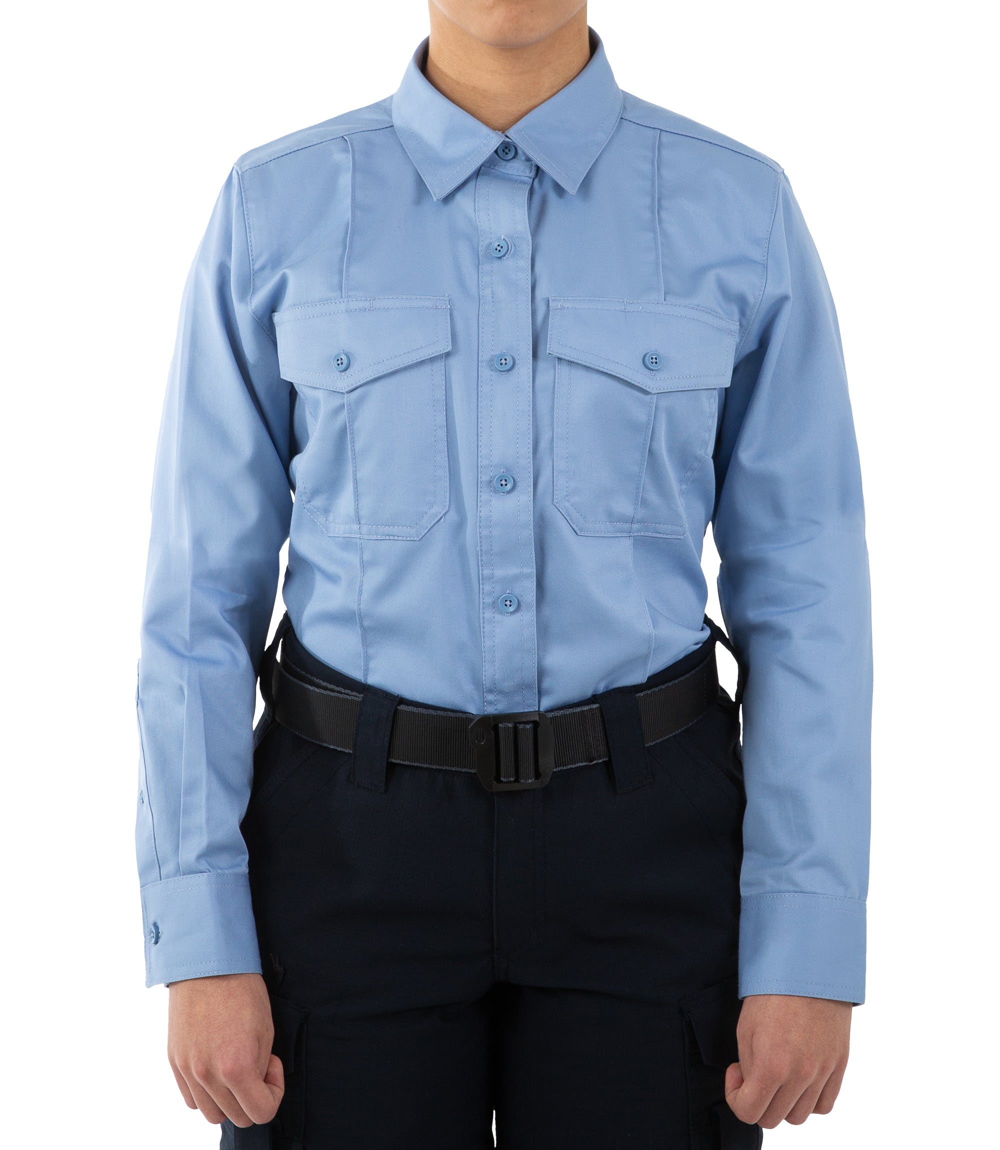 Front of Women's Cotton Station Long Sleeve Shirt in Medium Blue |color_medium blue