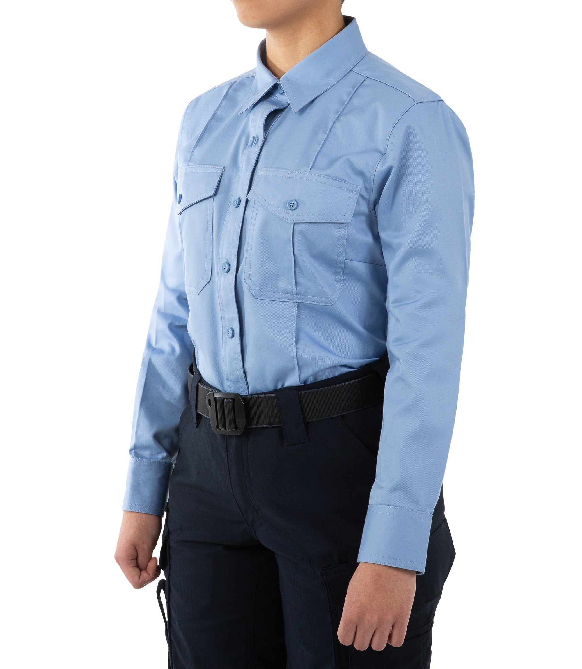 Side of Women's Cotton Station Long Sleeve Shirt in Medium Blue |color_medium blue