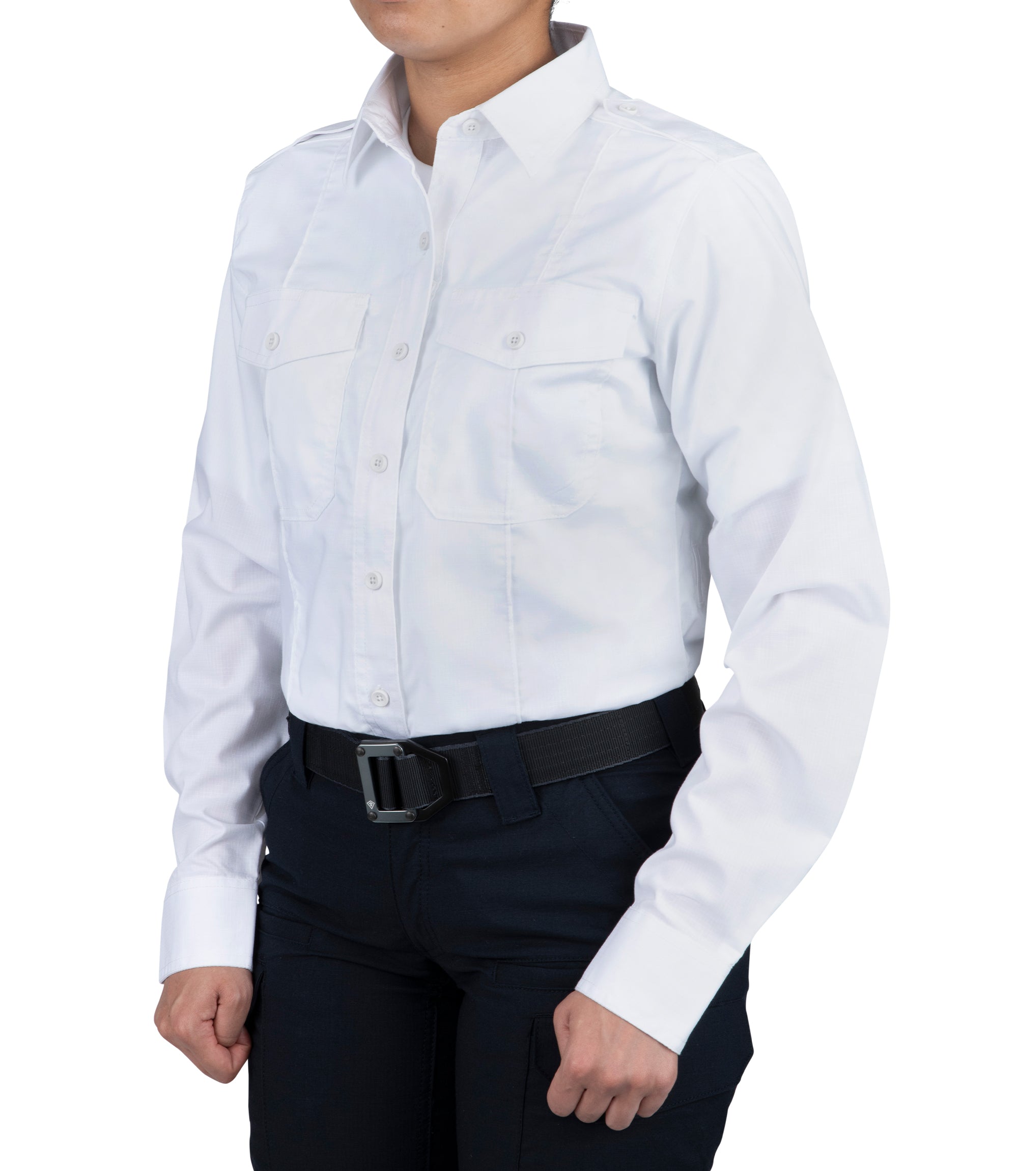 Side of Women's Pro Duty Uniform Shirt in White |color_white