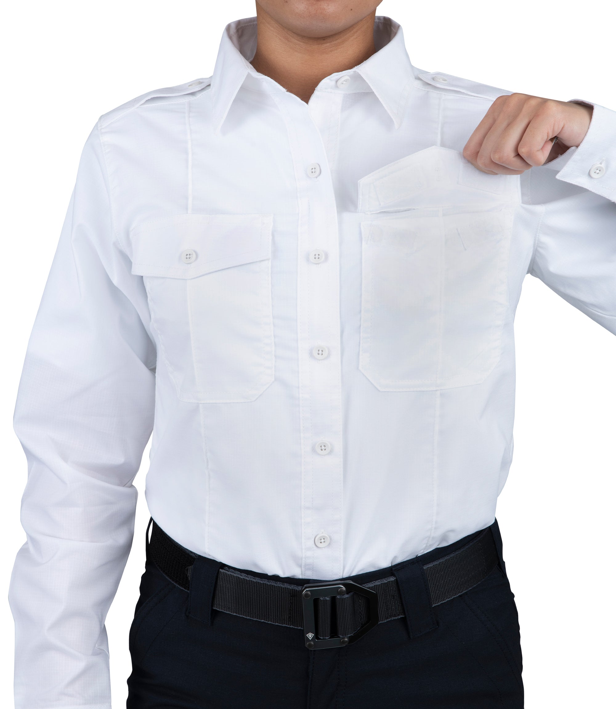 Front open pocked of Women's Pro Duty Uniform Shirt in White |color_white