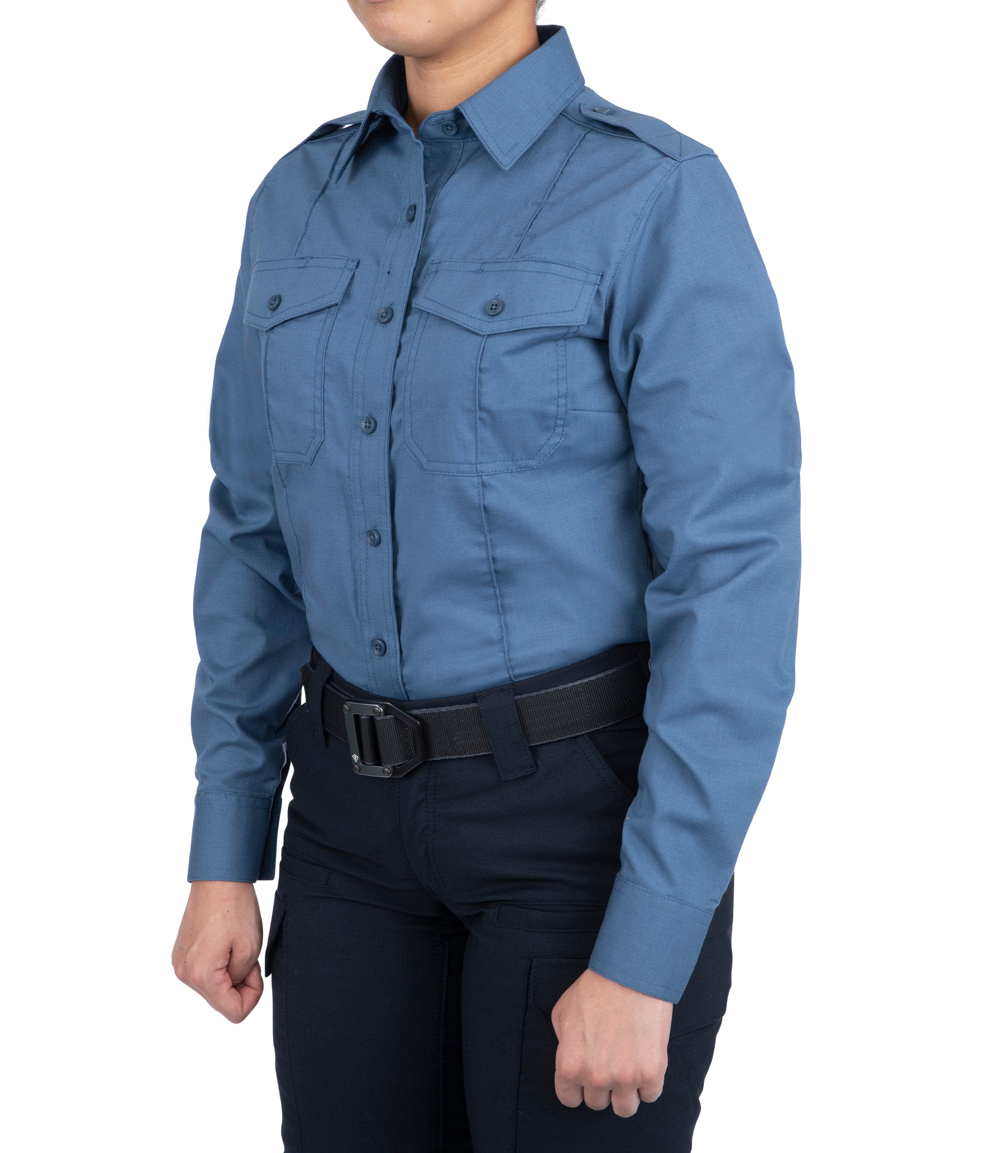 Side of Women's Pro Duty Uniform Shirt in French Blue |color_french blue