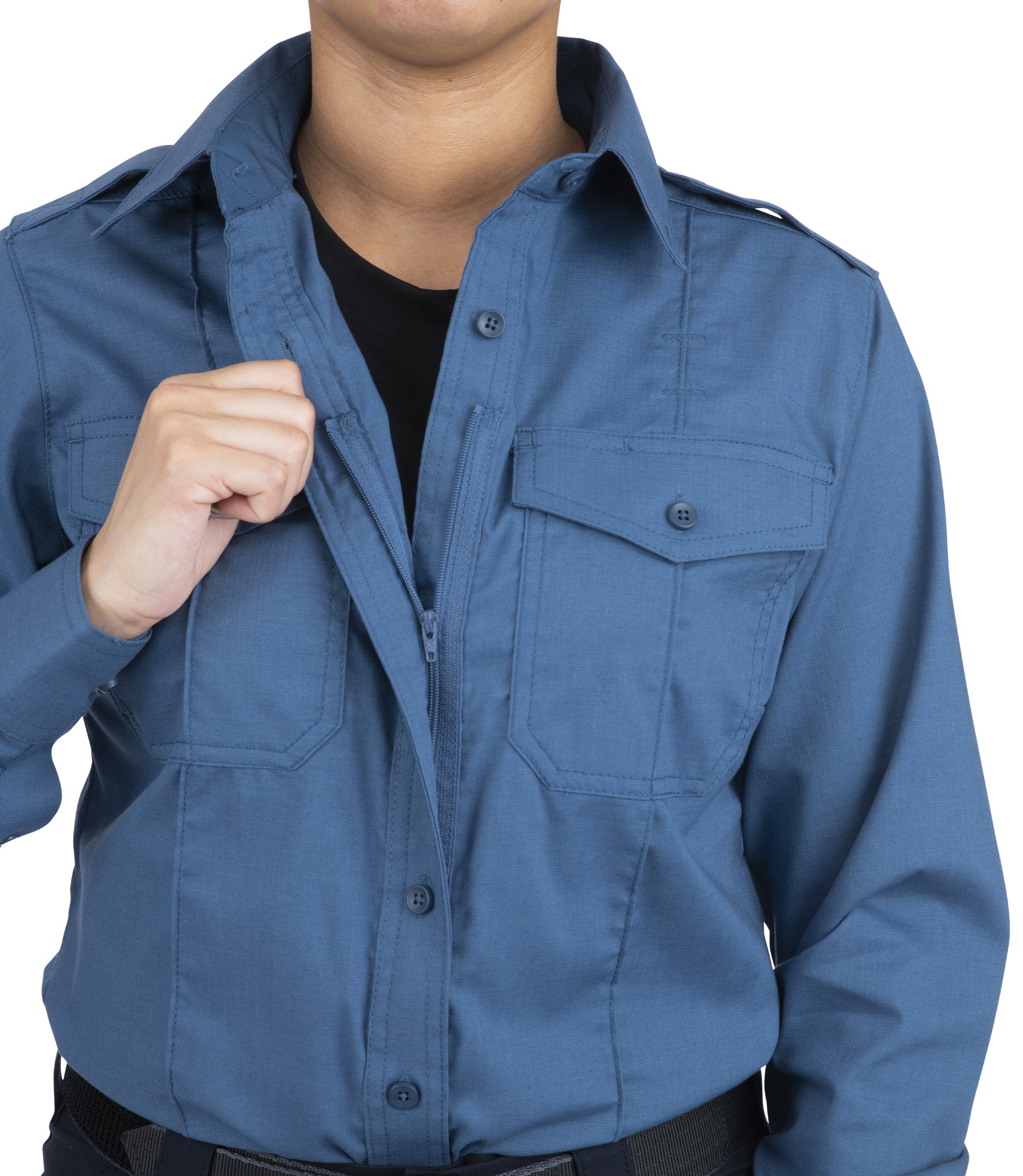 Front open button of Women's Pro Duty Uniform Shirt in French Blue |color_french blue