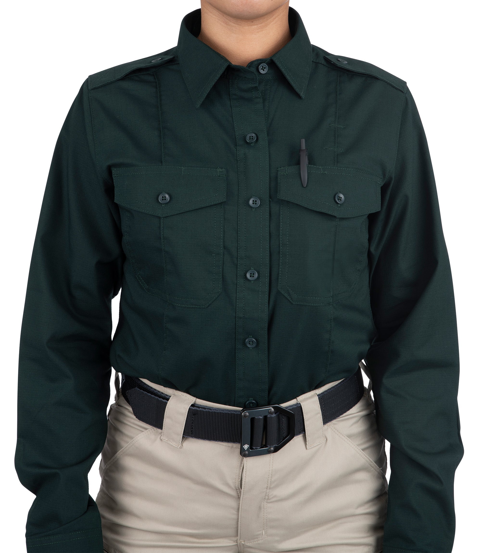 Front pen pocket of Women's Pro Duty Uniform Shirt in Spruce Green |color_spruce green