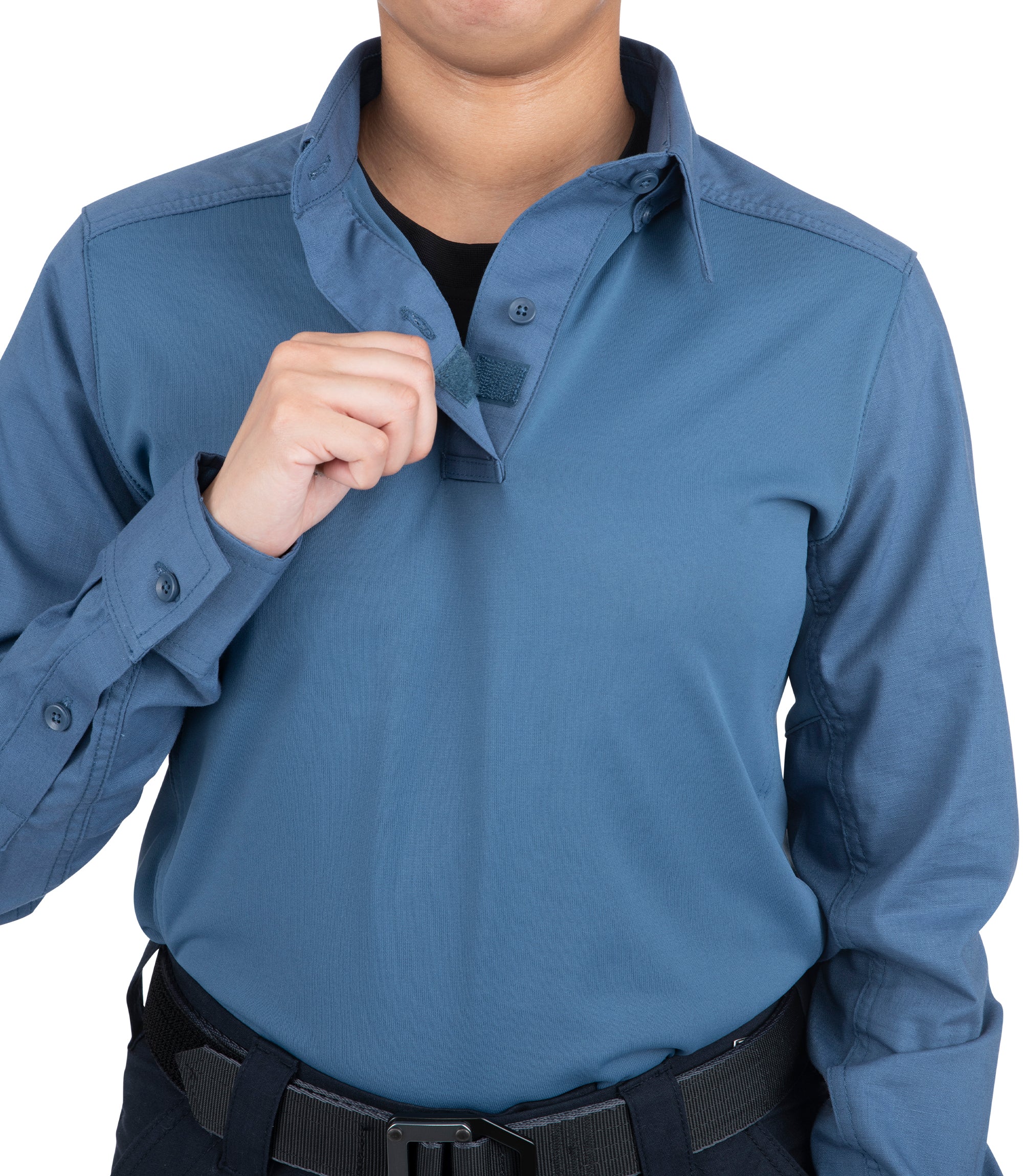 Front open button of Women's V2 Pro Performance Shirt in French Blue |color_french blue