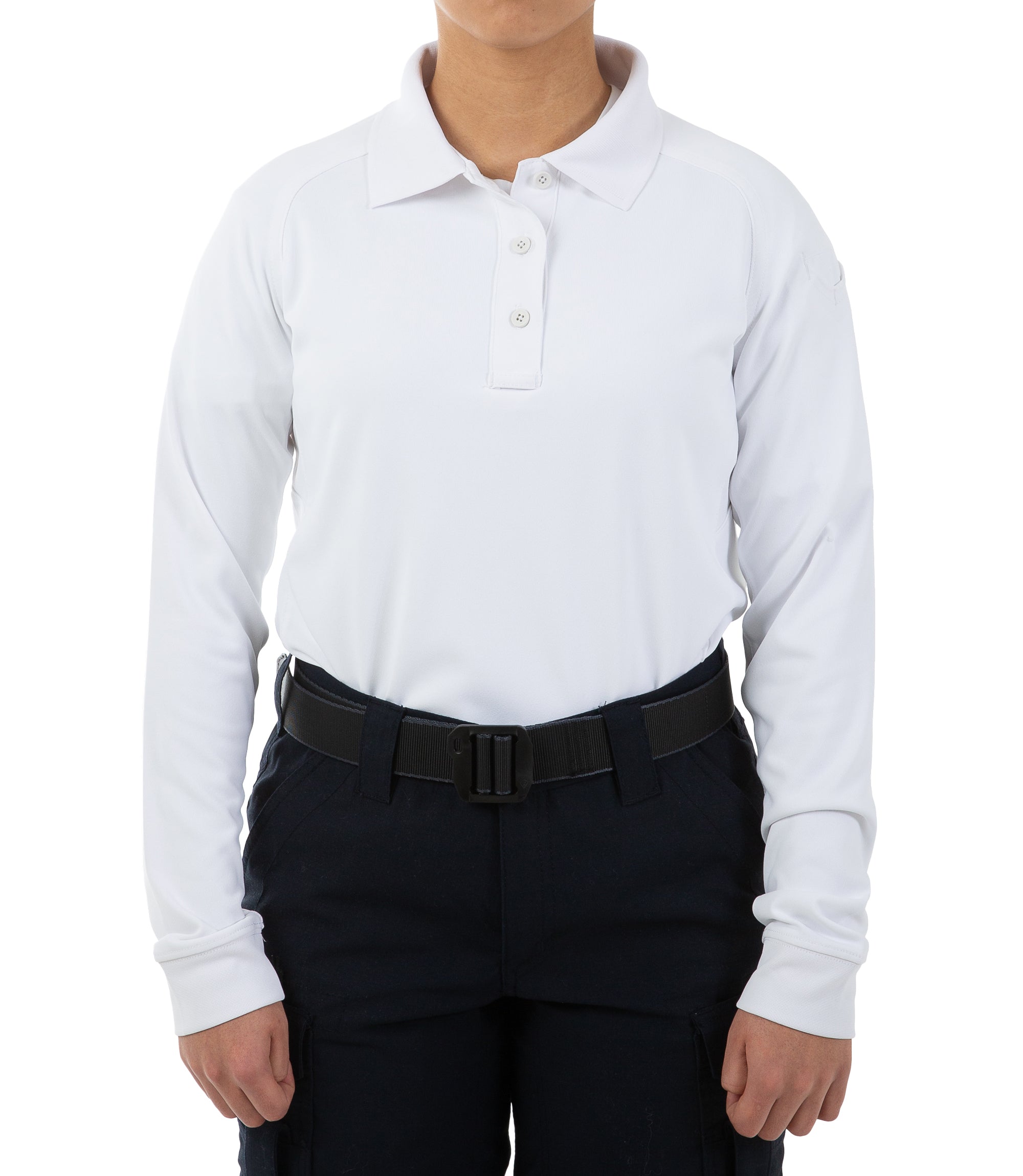 Front of Women's Performance Long Sleeve Polo in White |color_white