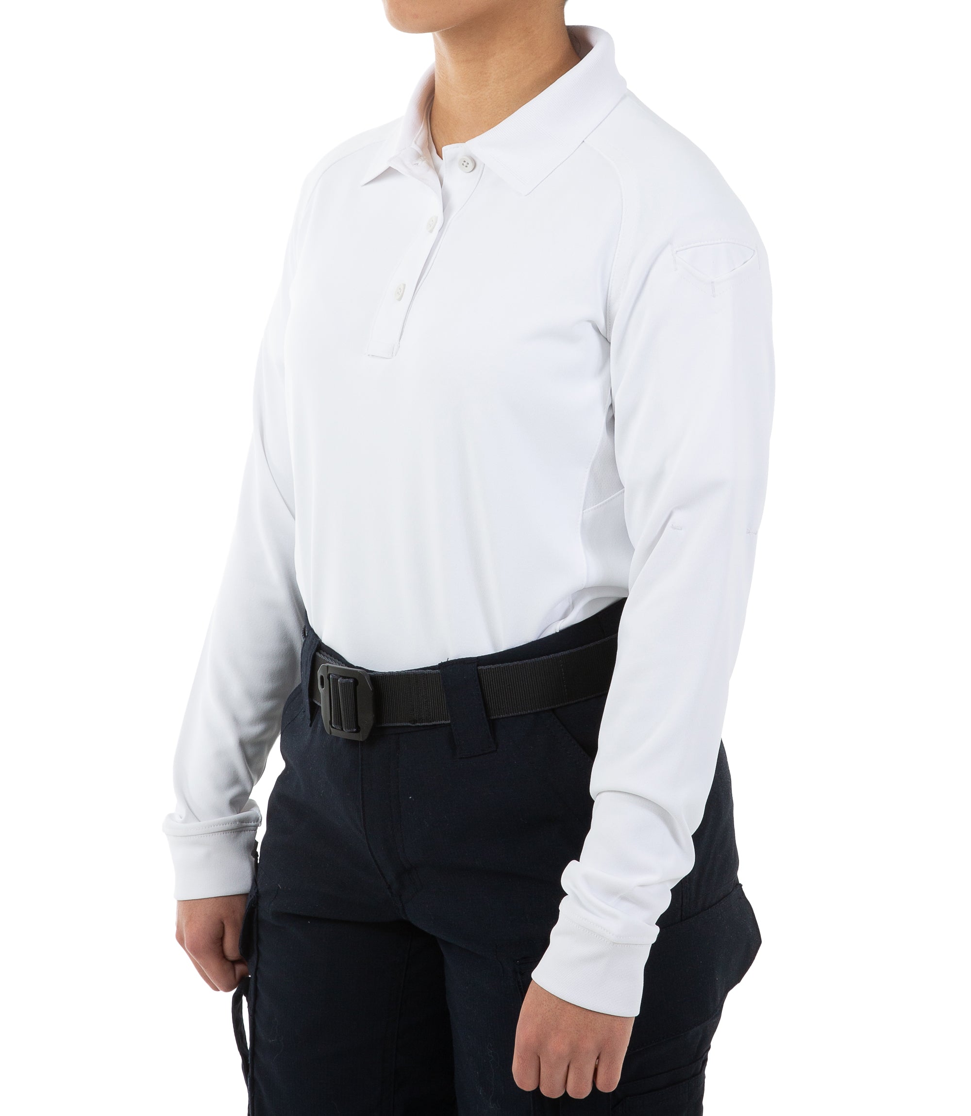 Side of Women's Performance Long Sleeve Polo in White |color_white